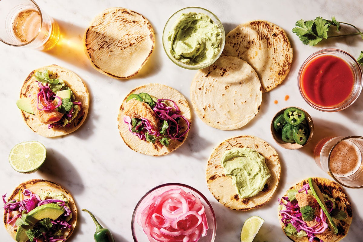 Tortillas topped with various fillings 