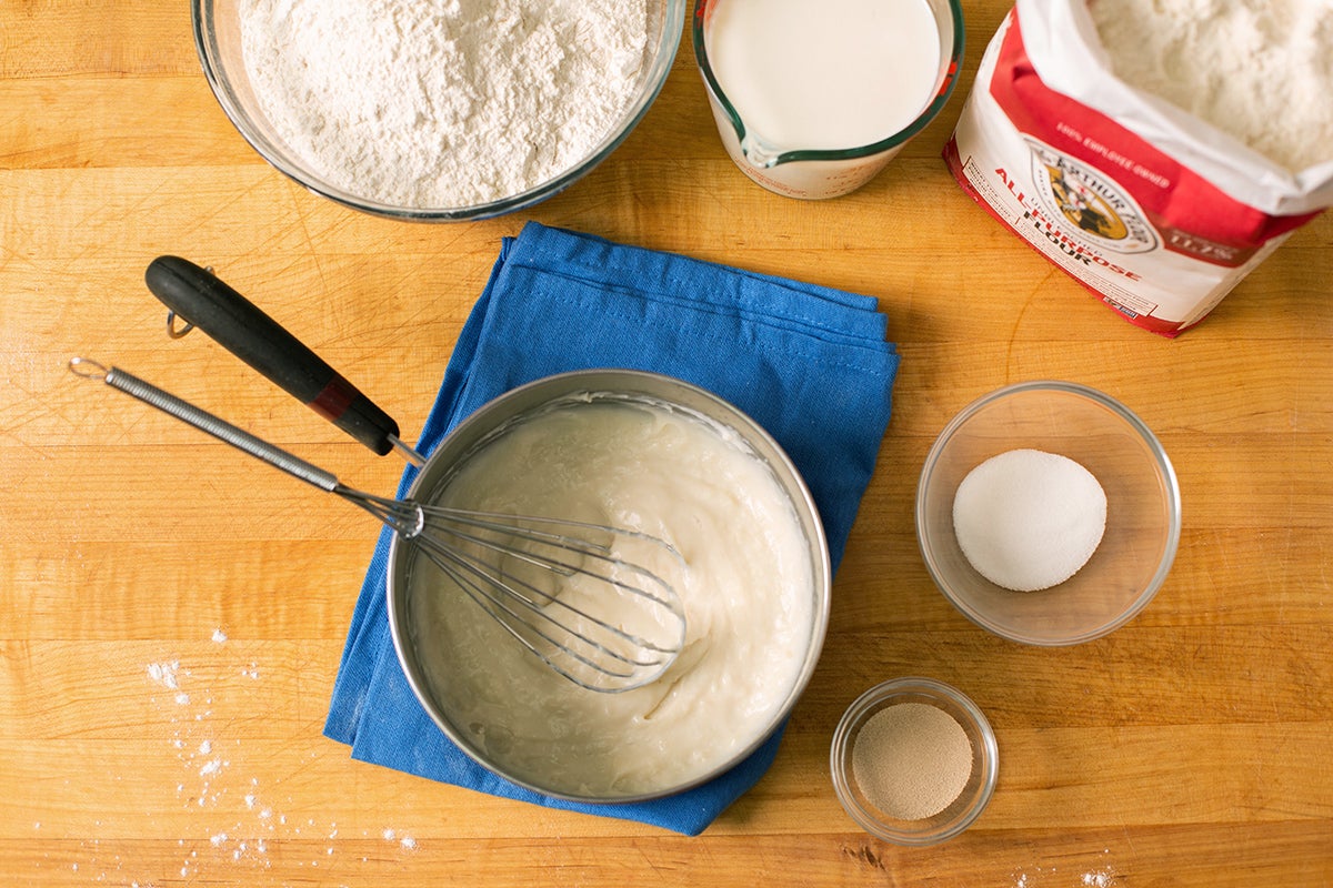 A pot with a tangzhong slurry made from King Arthur Flour and water