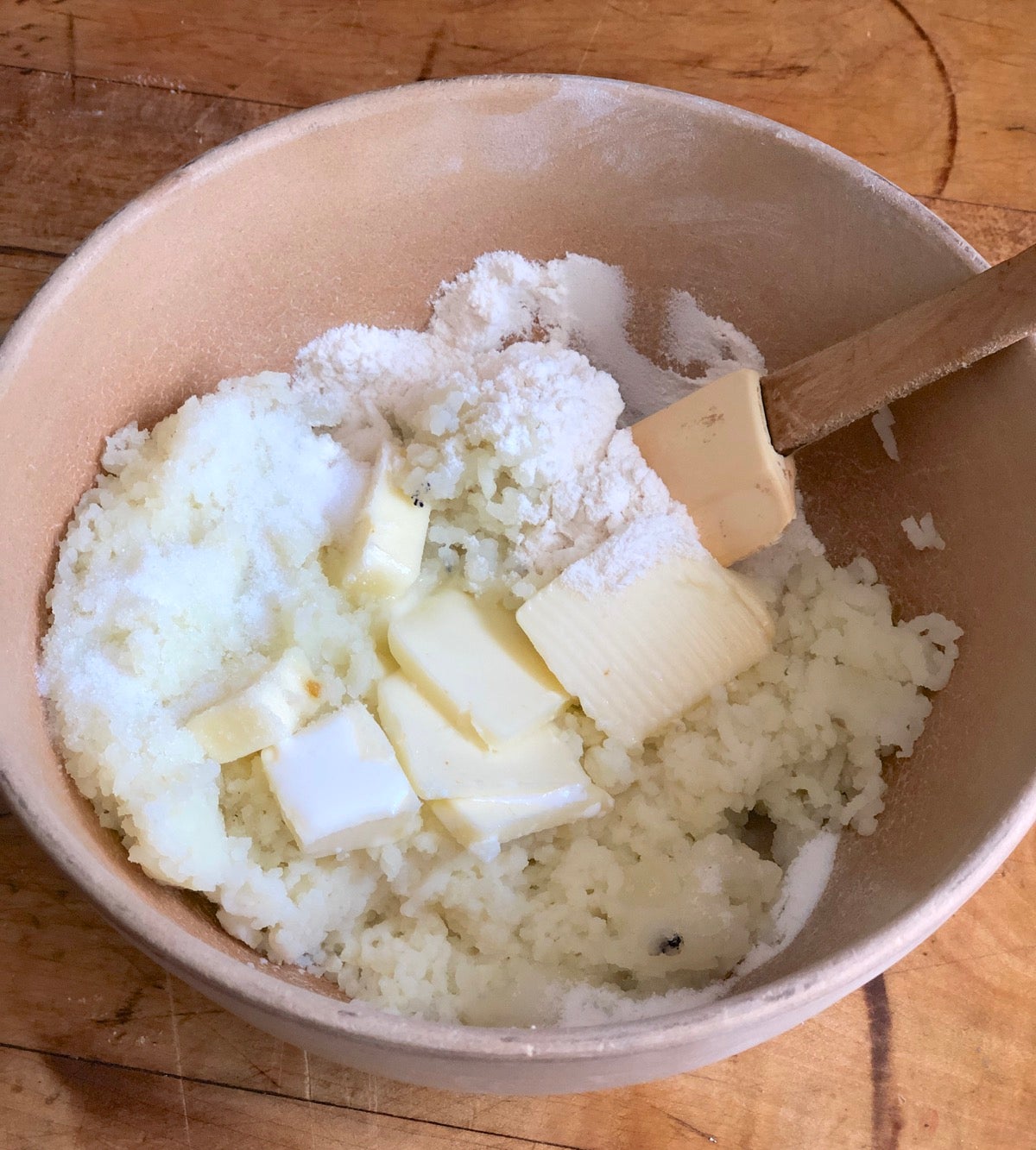 Lefse ingredients in a bowl, ready to be stirred together.