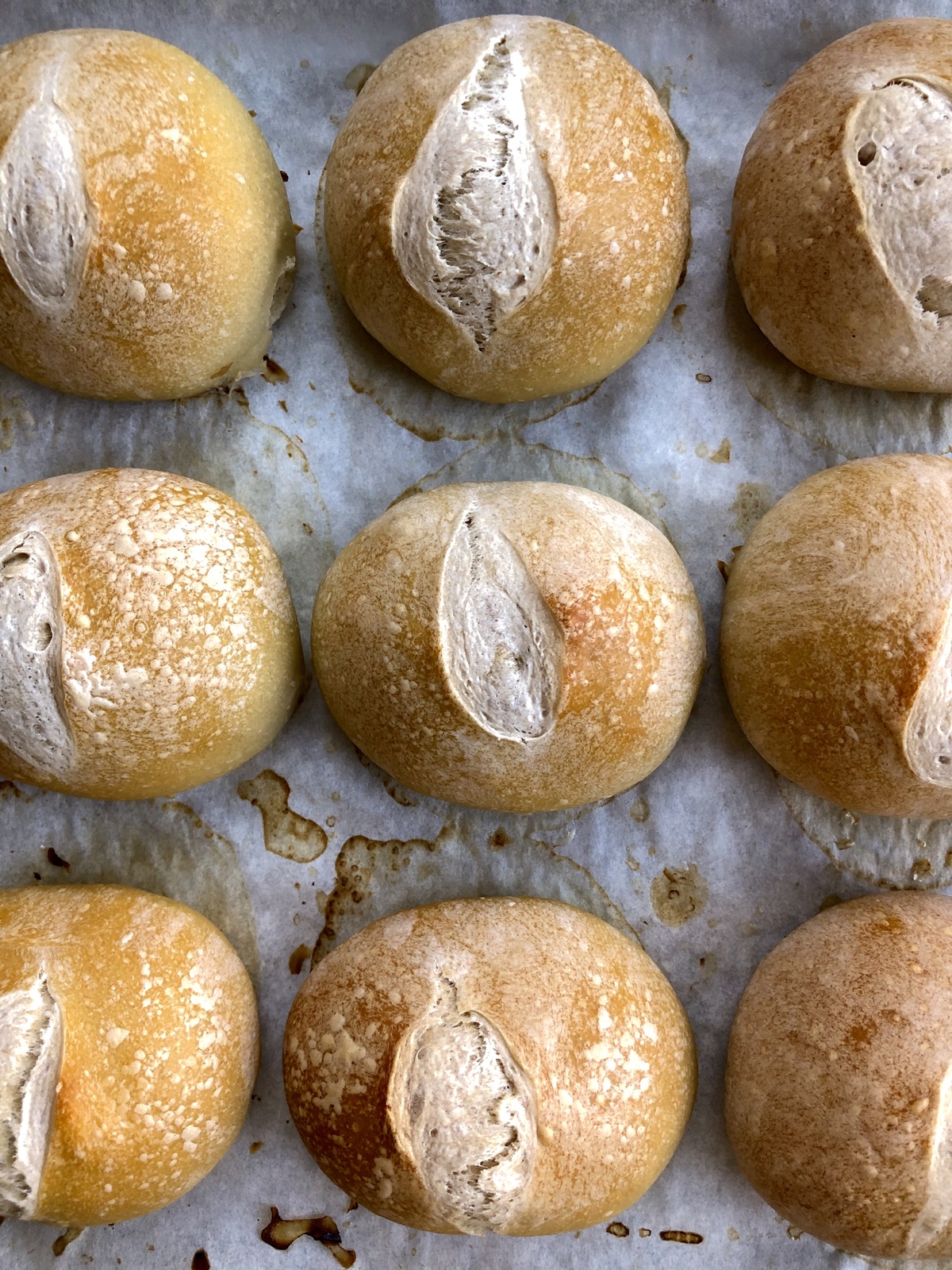 Crusty European-style hard rolls on a baking sheet.