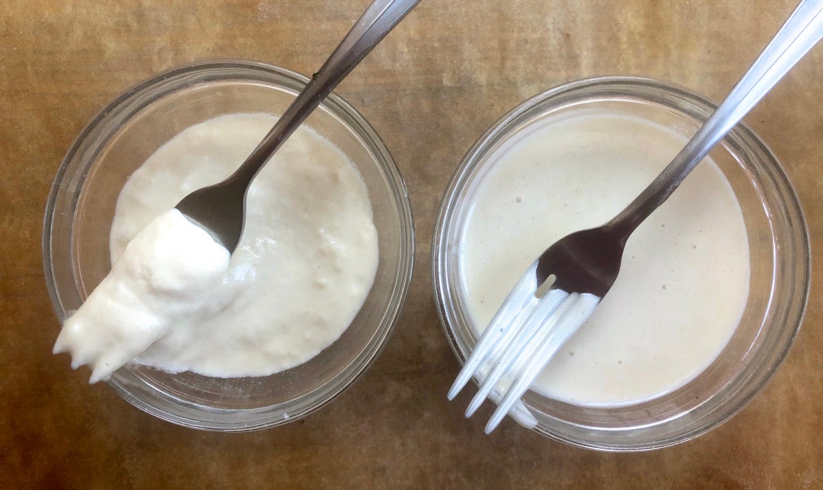 Two bowls of sourdough starter, one thin, one thick.