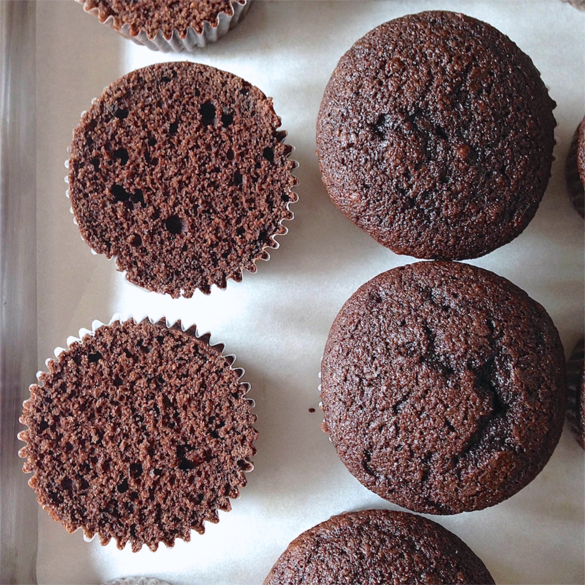Chocolate cupcakes cut open to reveal interior texture and color.