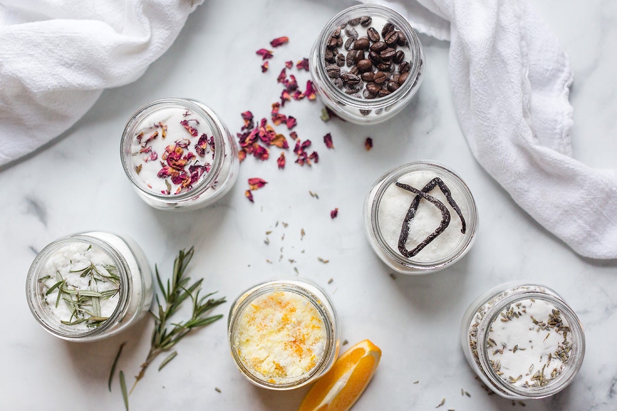 Jars of infused sugar including vanilla sugar, coffee sugar, rose sugar, citrus sugar, lavender sugar, and rosemary sugar