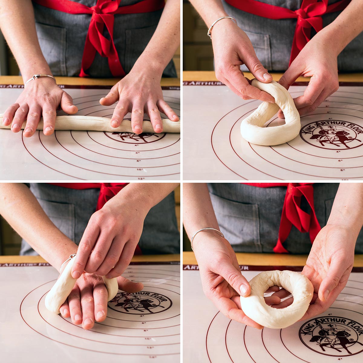 A baker rolling out bagel dough into a long log; twisting the ends together; sealing the ends shut; placing the shaped bagel on a baking sheet