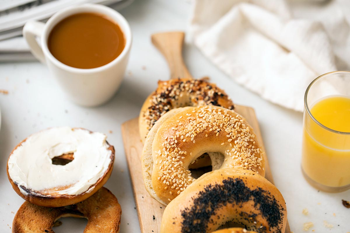 Homemade bagels on a kitchen table for breakfast
