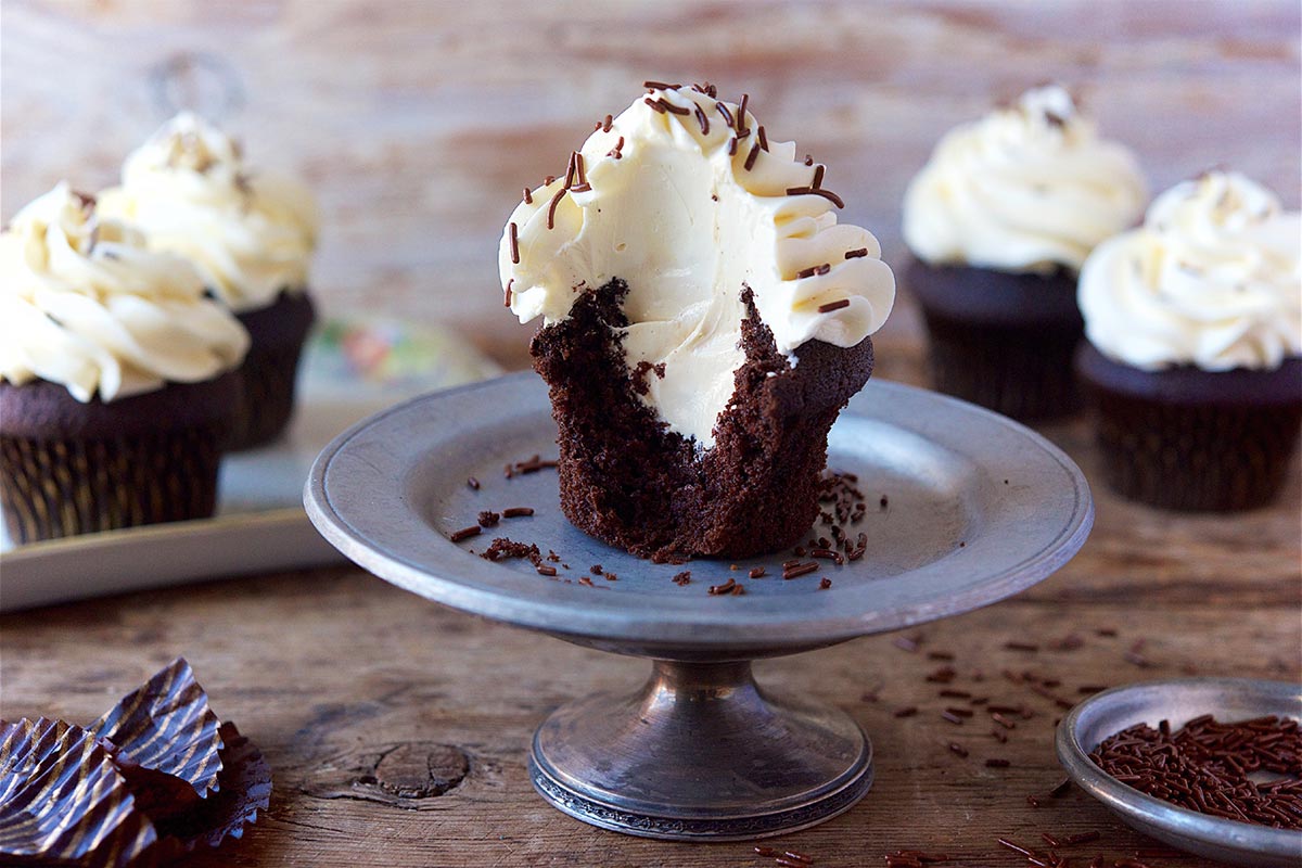 Chocolate Cupcakes Frosted with Coffee Buttercream and Irish Buttercream Frosting