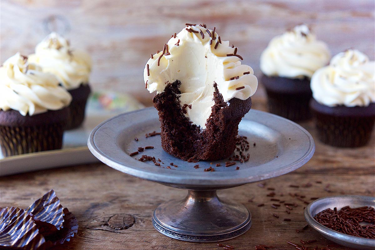 Chocolate cupcakes filled with coffee buttercream and topped off with Irish Cream buttercream