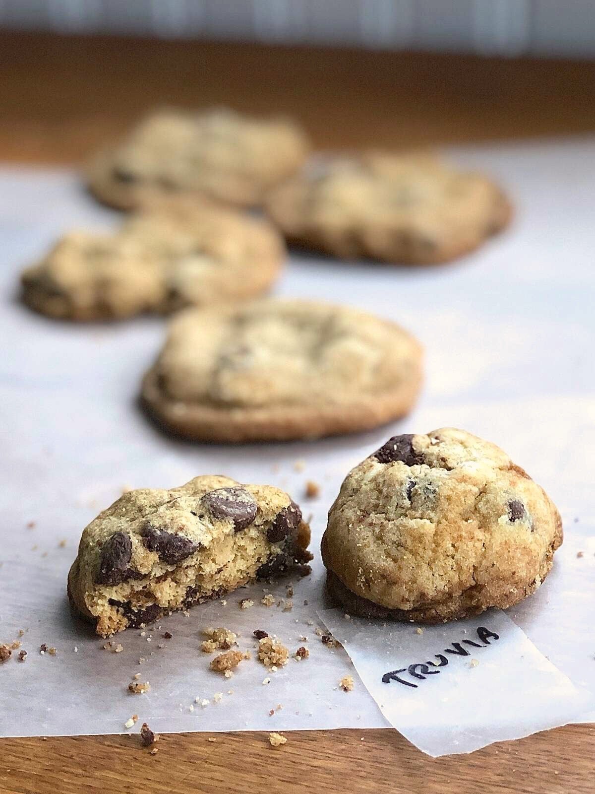 Chocolate chip cookies baked with Truvia Cane Sugar Blend.