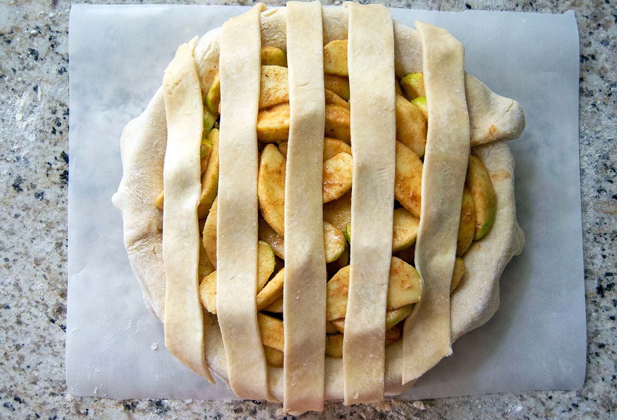 Pie with vertical strips over filling