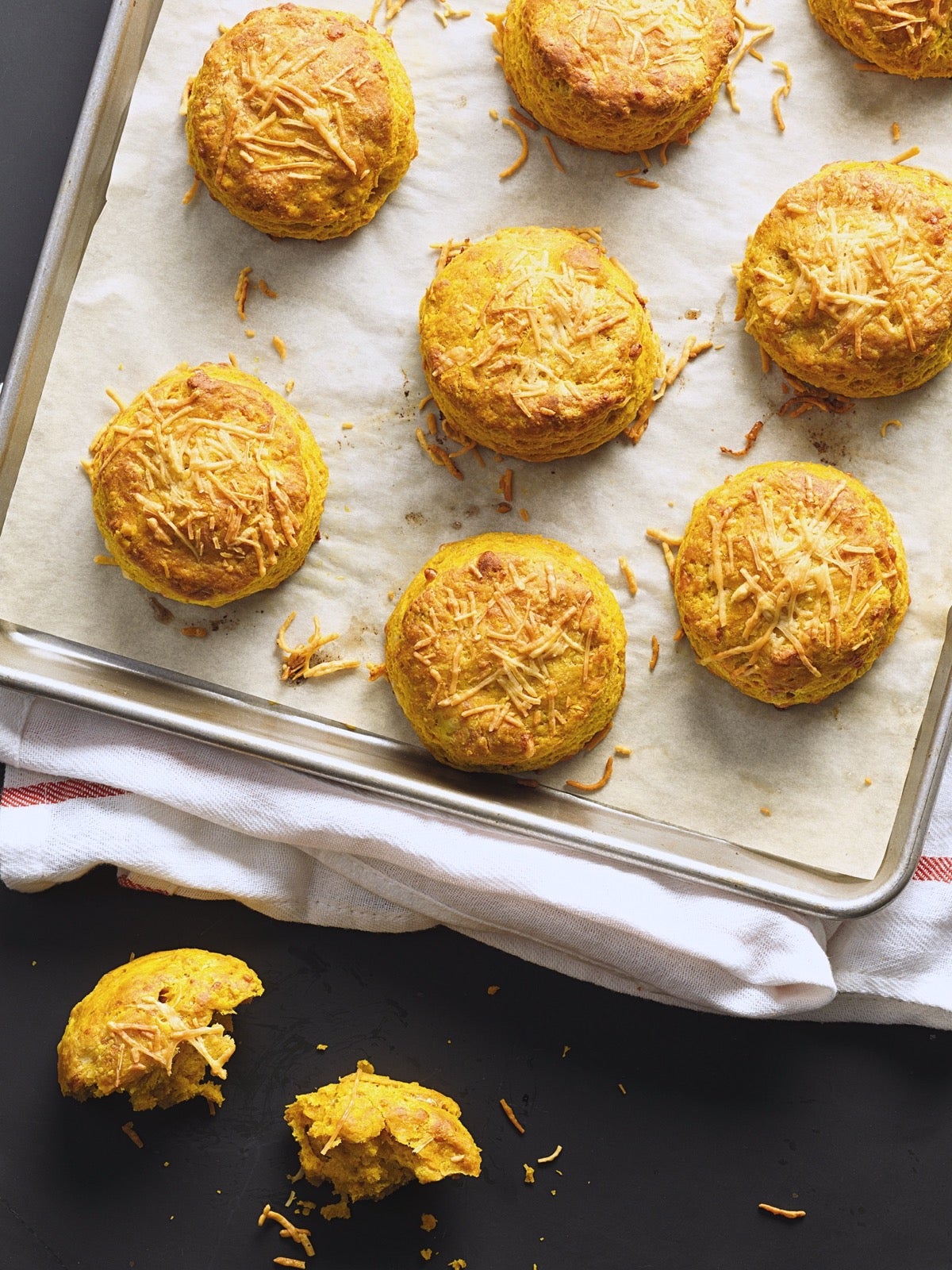 Pumpkin Cheddar Biscuits on a baking sheet