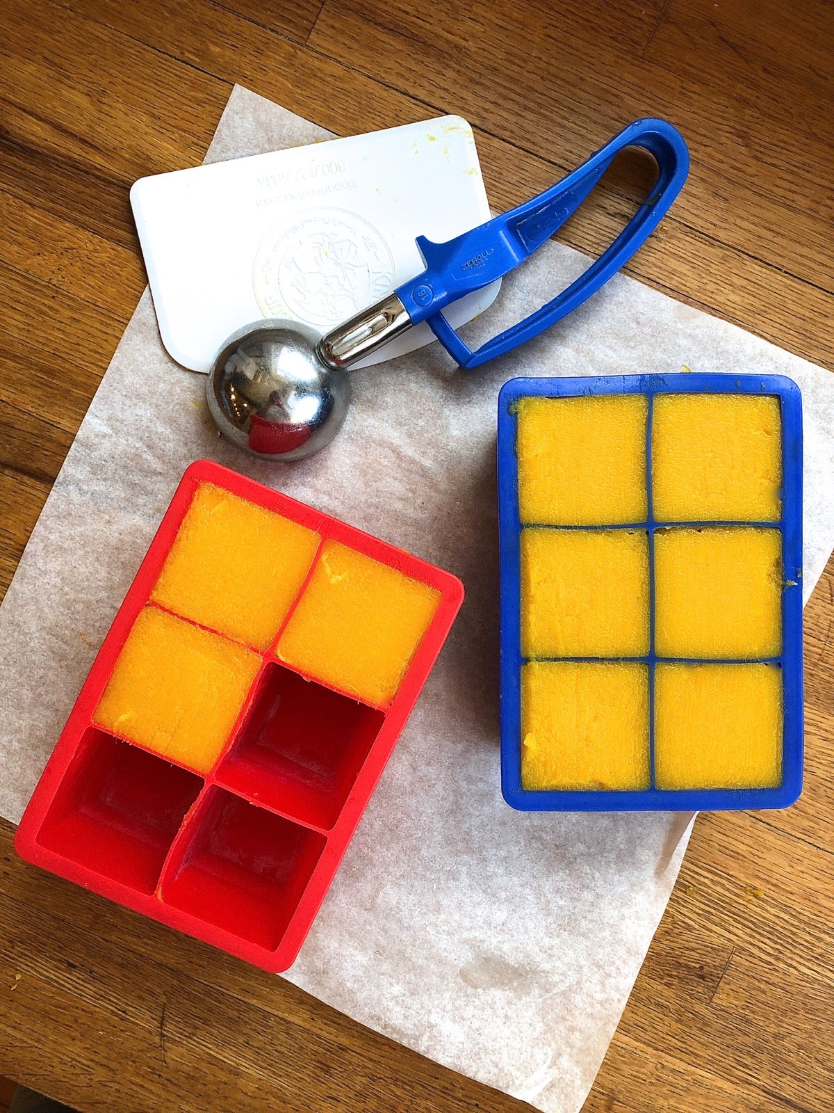 Homemade pumpkin purée spooned int silicone ice cube trays