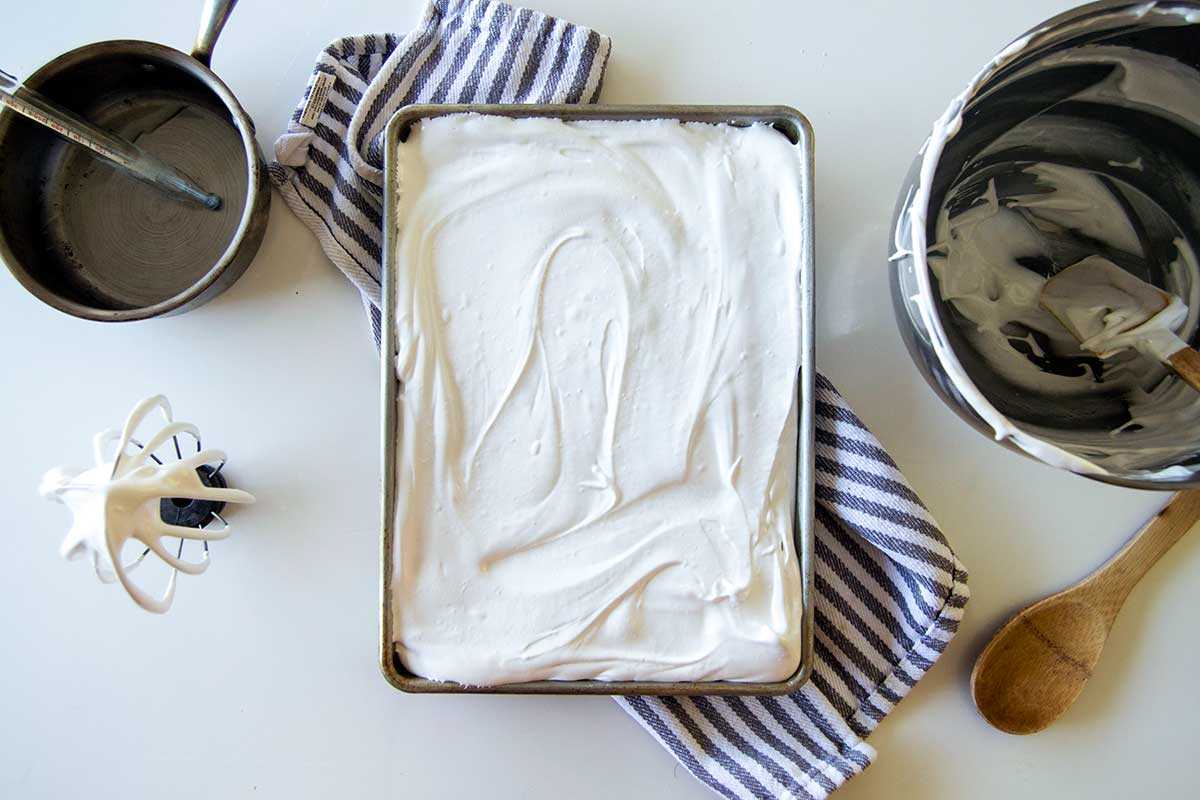 Marshmallow mixture spread into pan