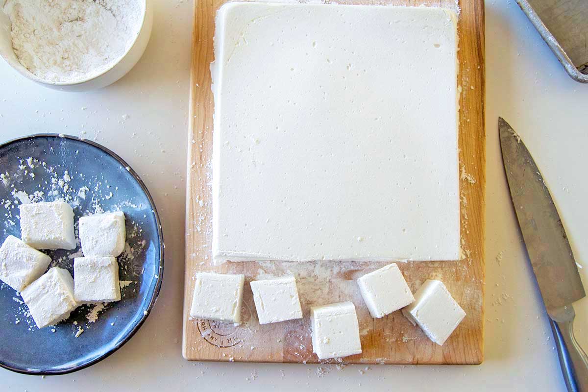 Marshmallows cut on cutting board