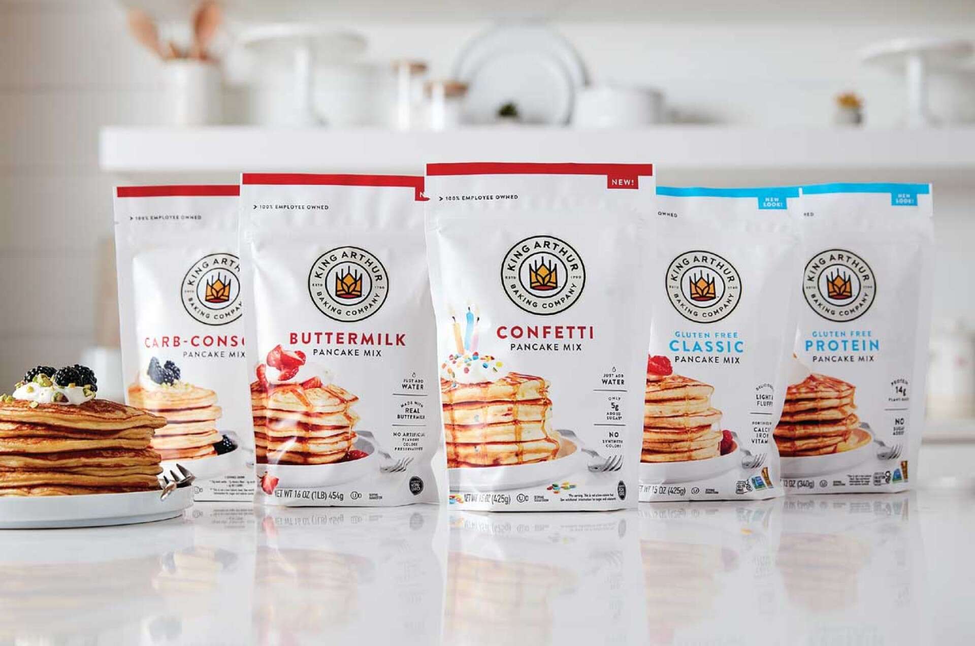 Bags of all five pancakes mixes