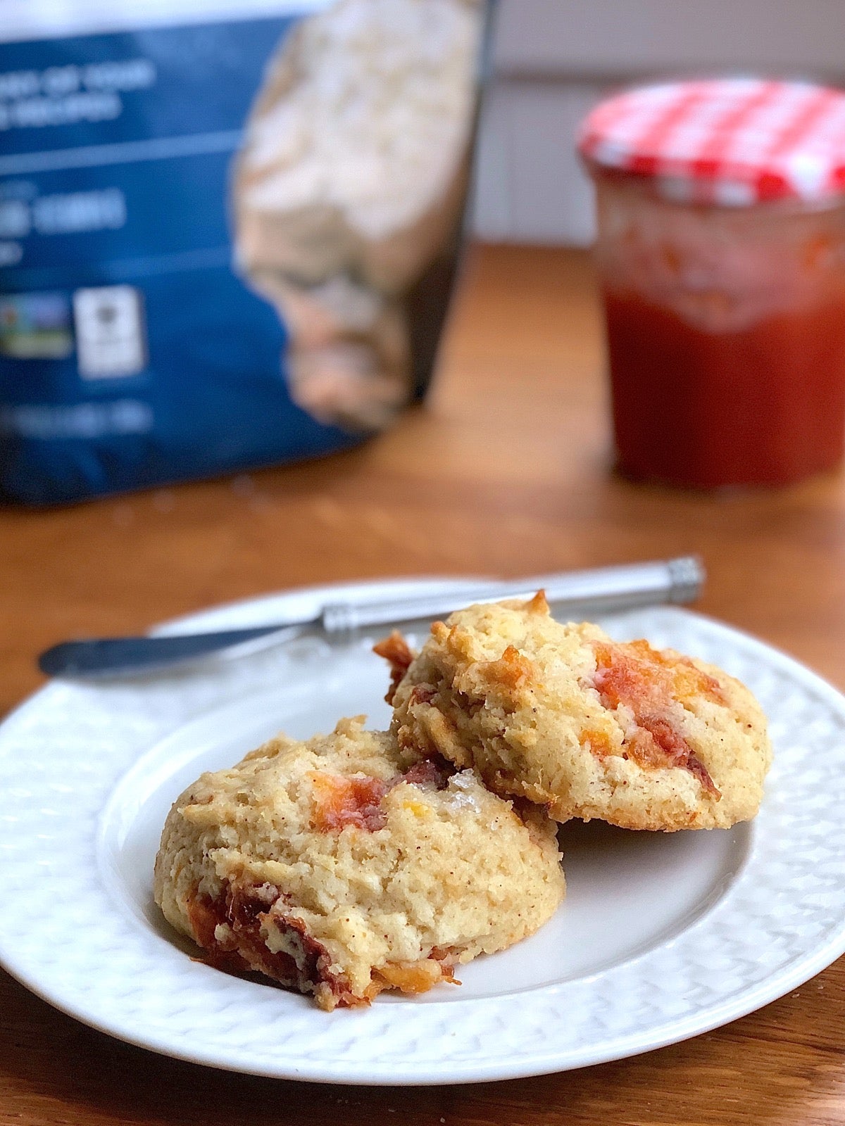 Peach scones made with King Arthur Gluten-Free Measure for Measure Flour, on a plate.