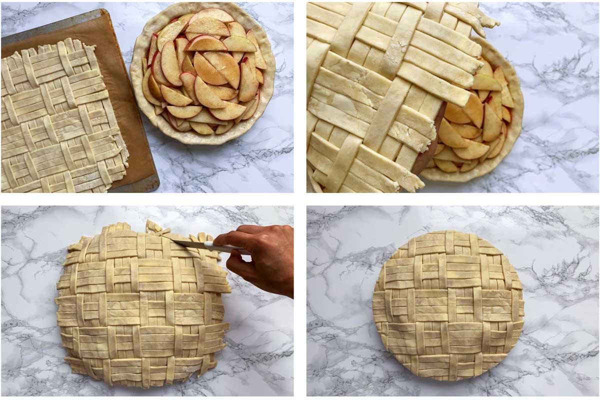 Collage of pie crust top being placed over pie