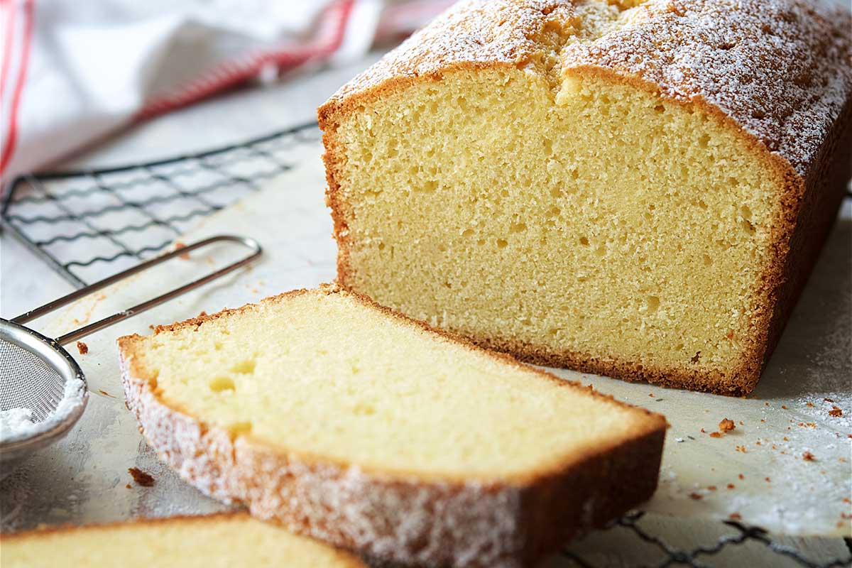 A golden vanilla pound cake cut into slices