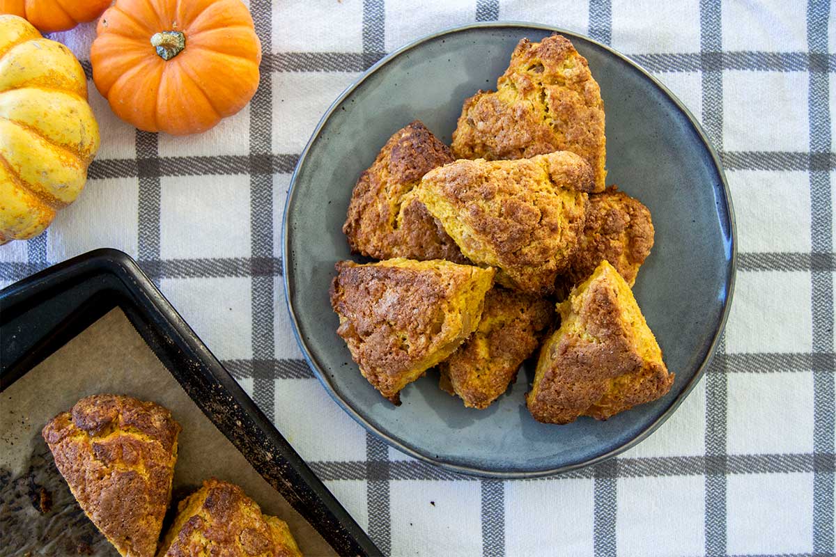 Plated pumpkin scones next to baking sheet and mini pumpkins