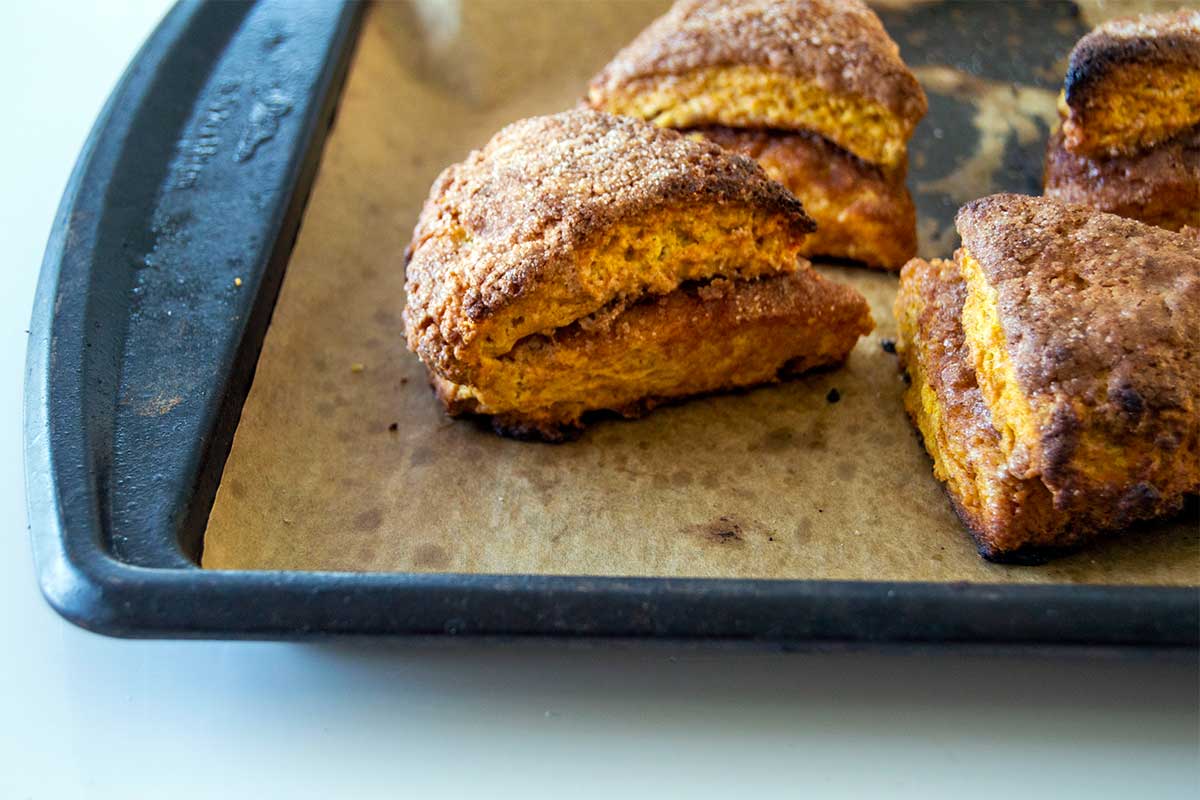 Pumpkin scone on baking sheet with layer of cinnamon sugar filling in the middle