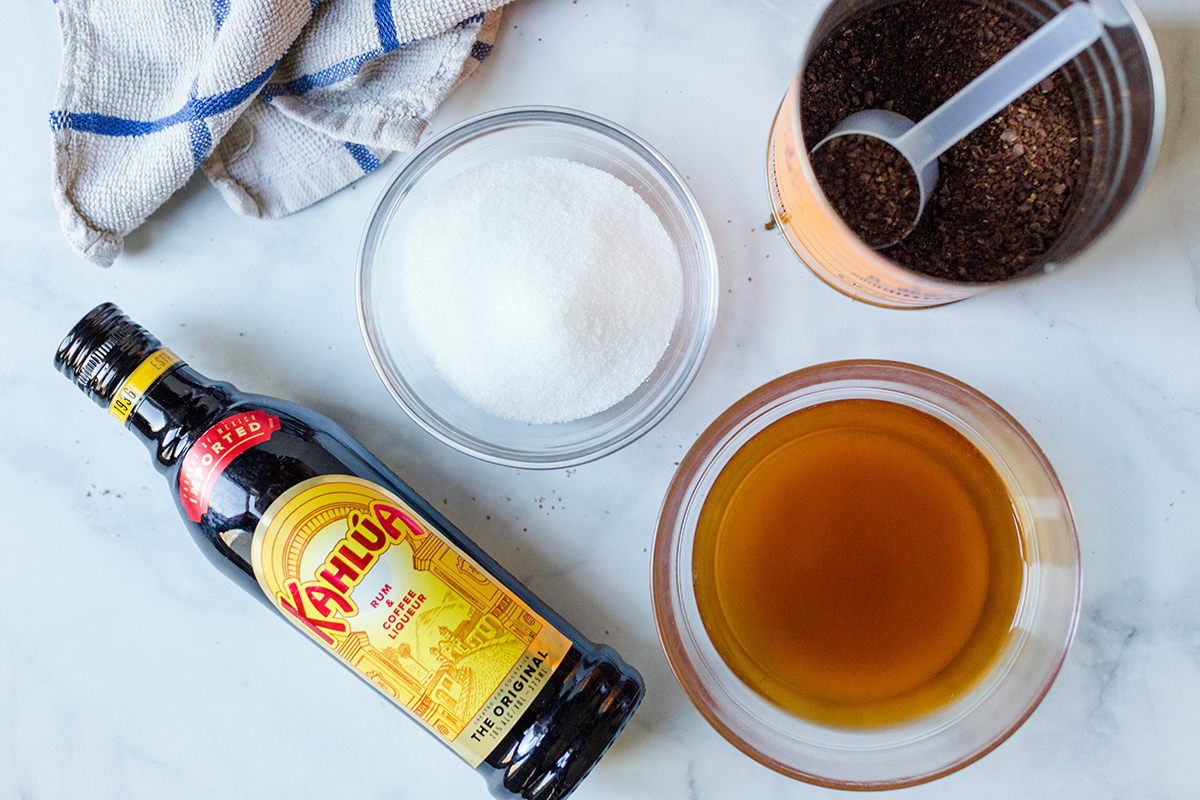 Ingredients needed to make coffee-rum glaze: Kahlua, sugar, coffee