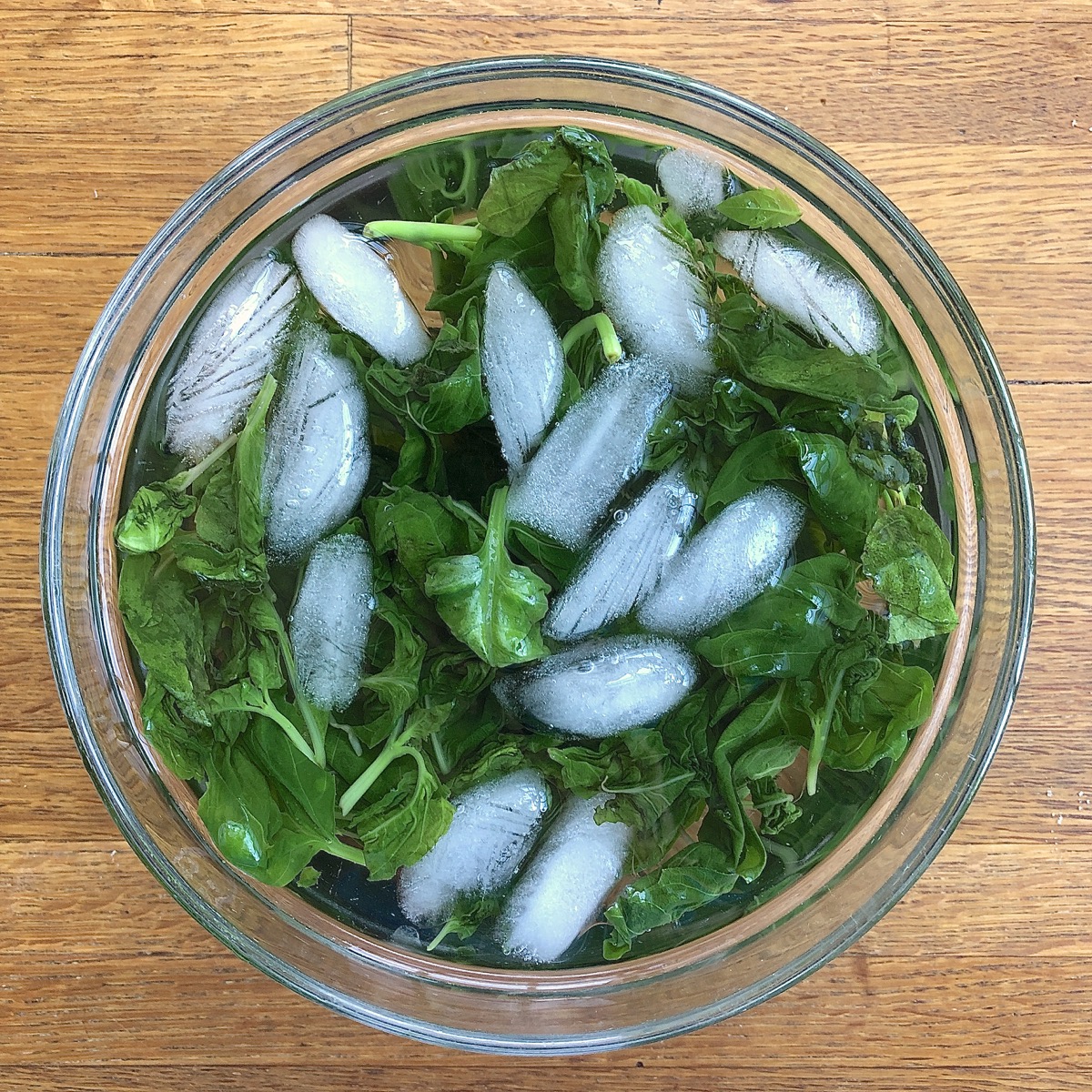 Blanched fresh basil leaves cooling in an ice water bath.