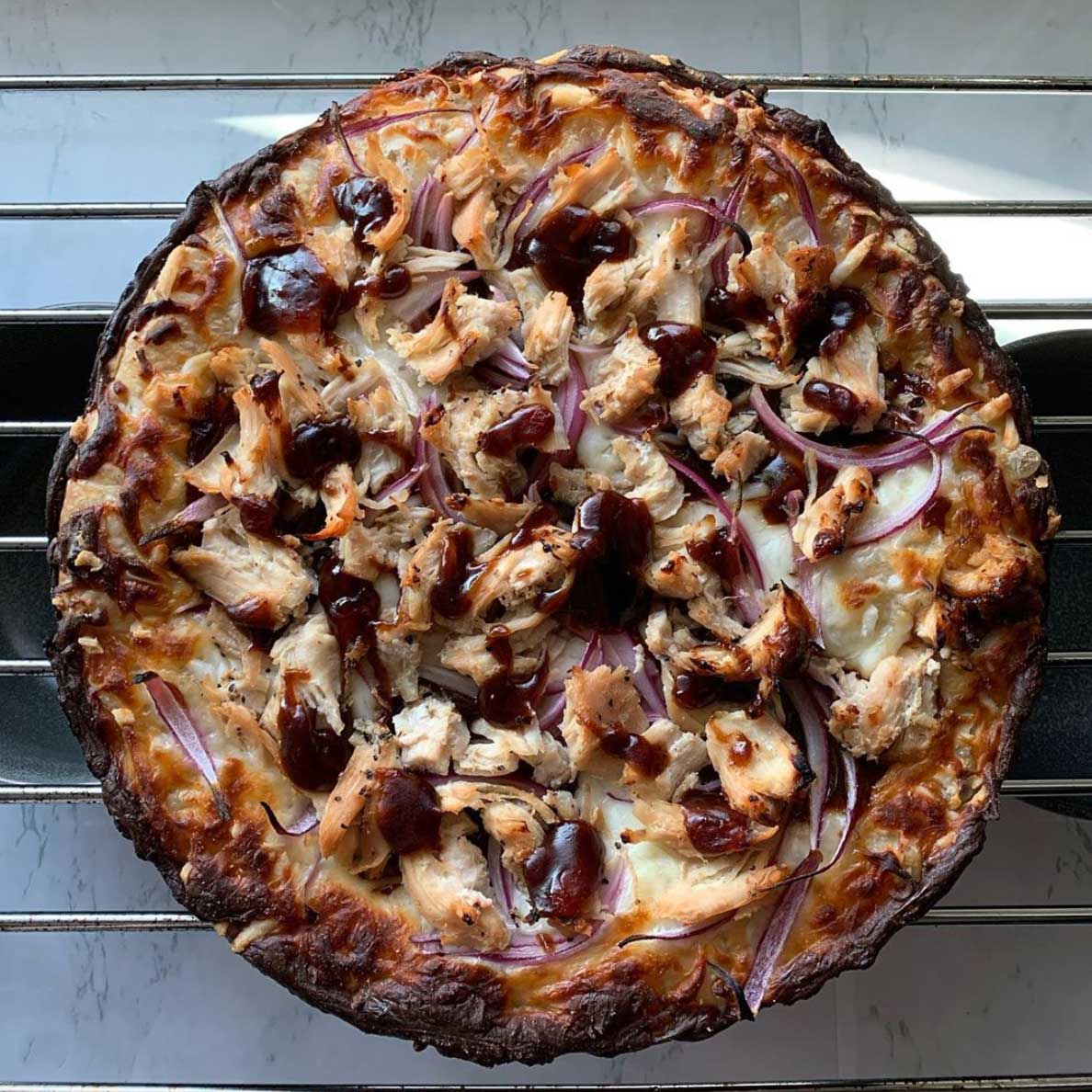 BBQ Chicken Pizza on a cooling rack