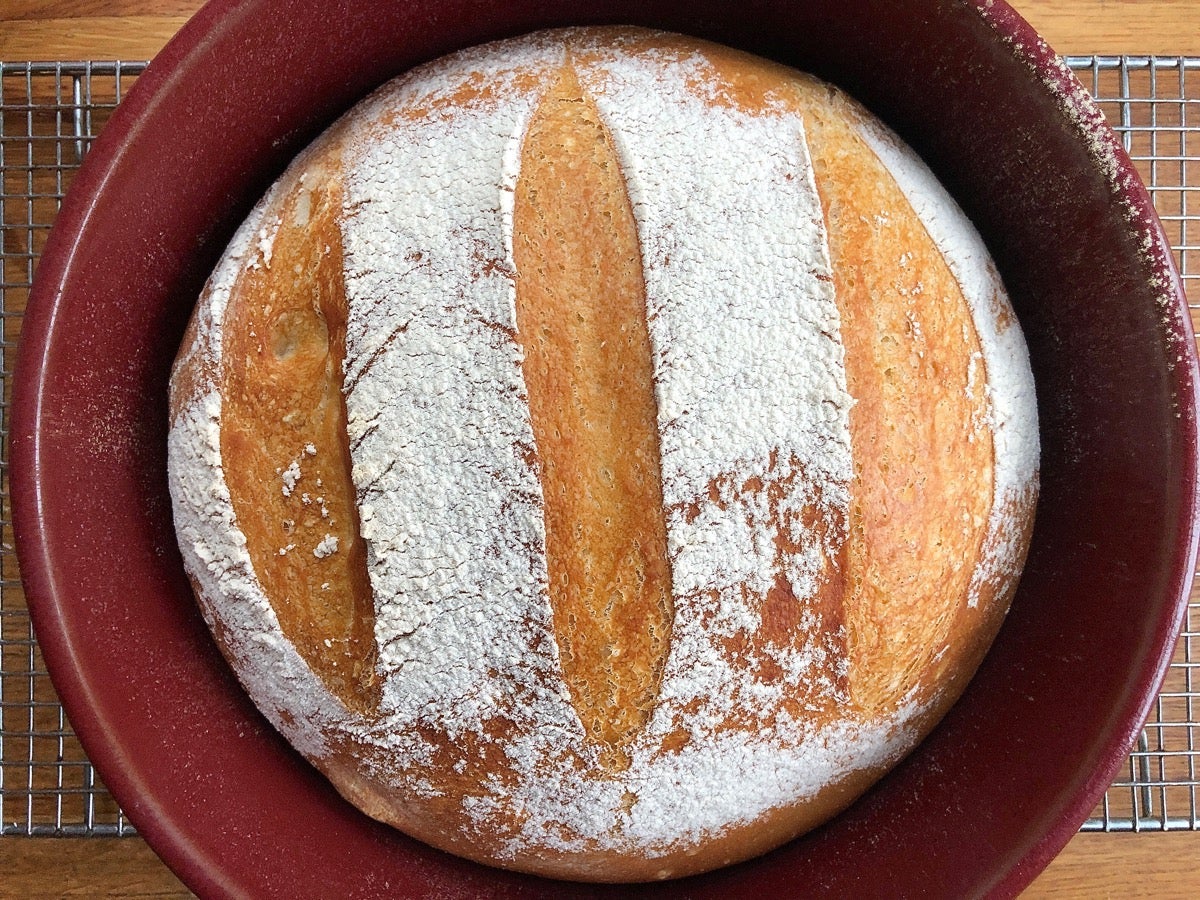 Baked loaf of Rustic Sourdough Bread in a Dutch oven.