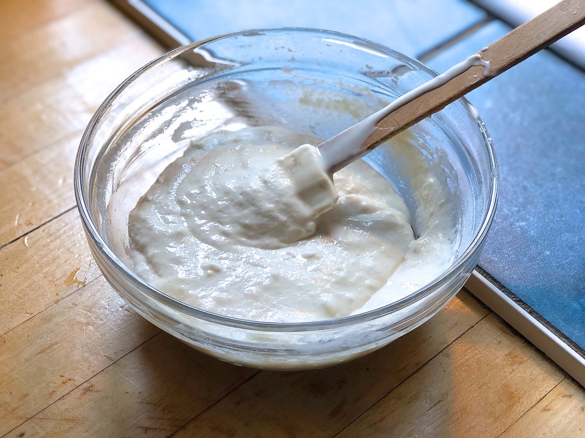 Just-fed sourdough starter in a bowl.