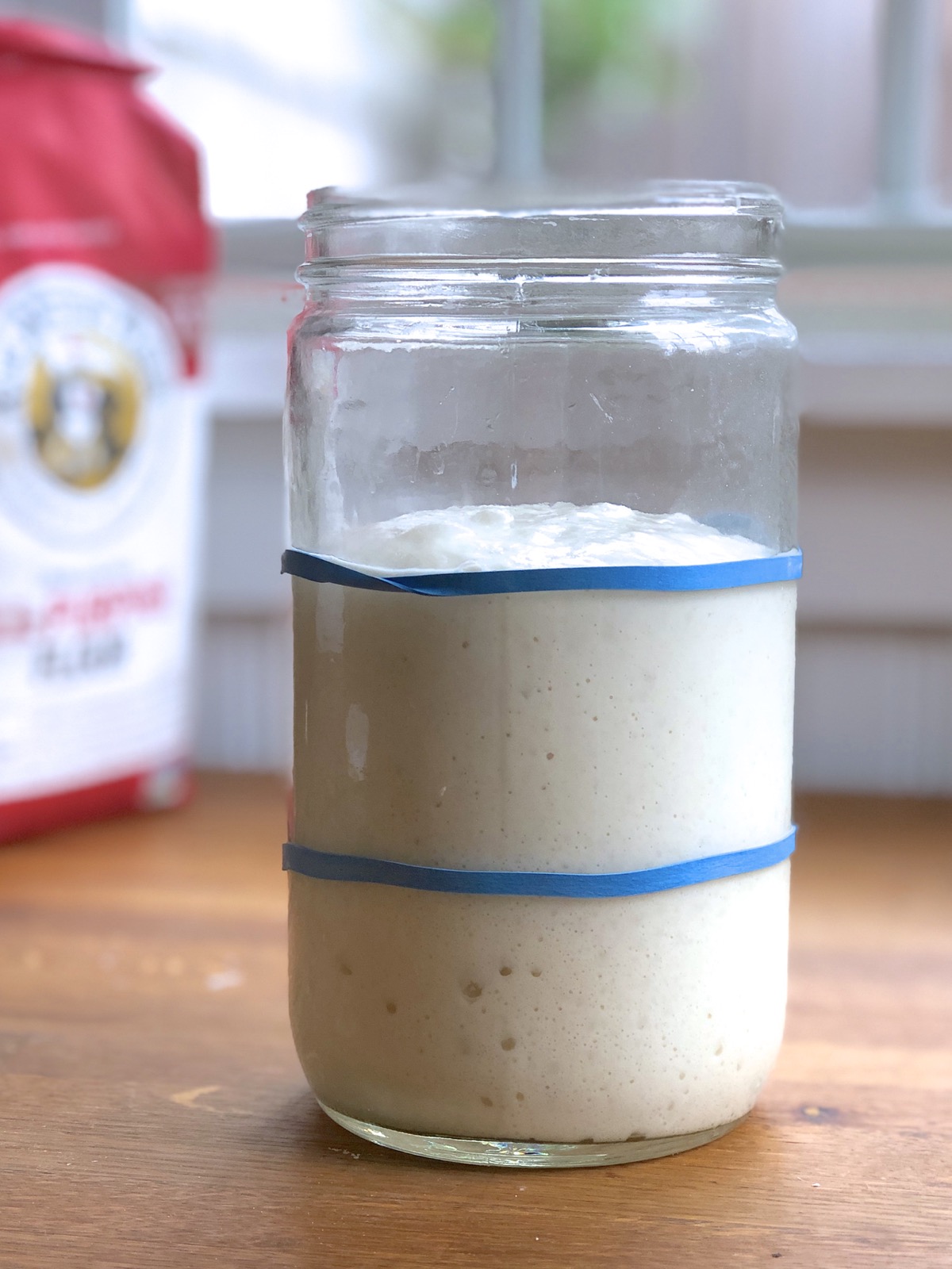 Fed sourdough starter in a jar, fully risen and ready to use.