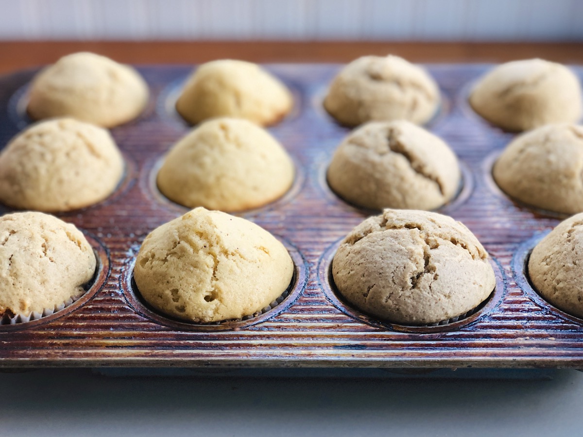 Muffins made with varying levels of rye flour, baked in a muffin tin.