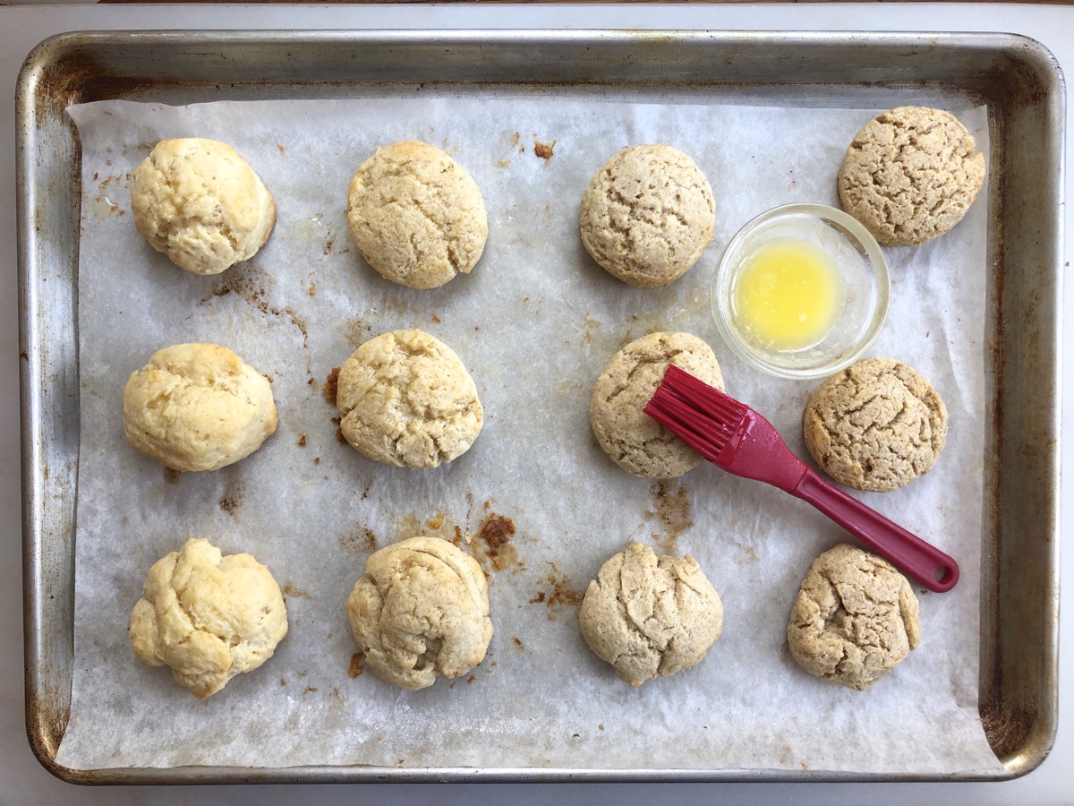 Biscuits on a baking sheet, made with varying percentages of rye flour.