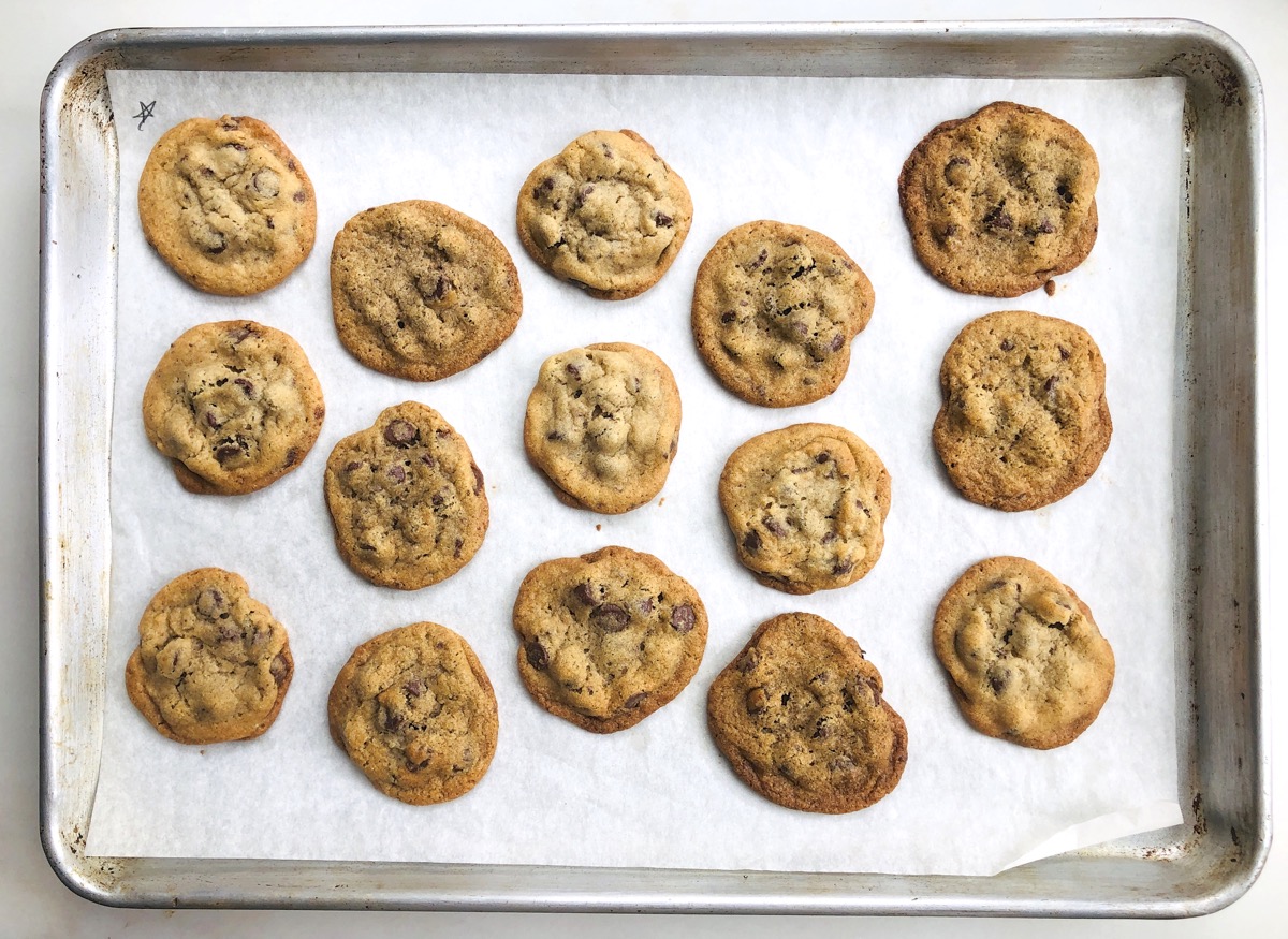 Rye chocolate chip cookies on a baking sheet.