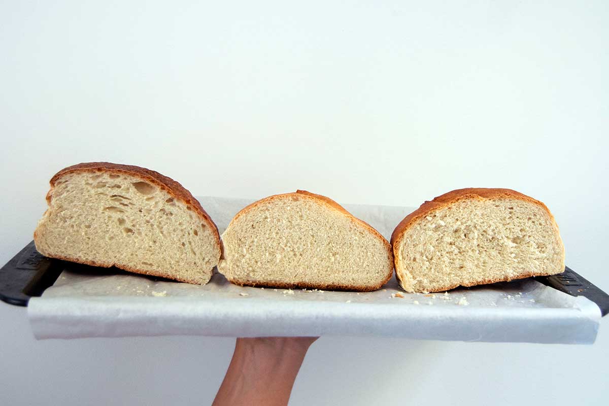 Three cut loaves of bread with different salt levels