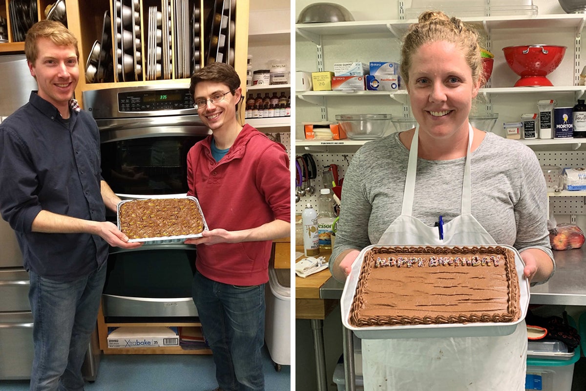 Bakers holding out classic birthday cakes they've baked for the Haven