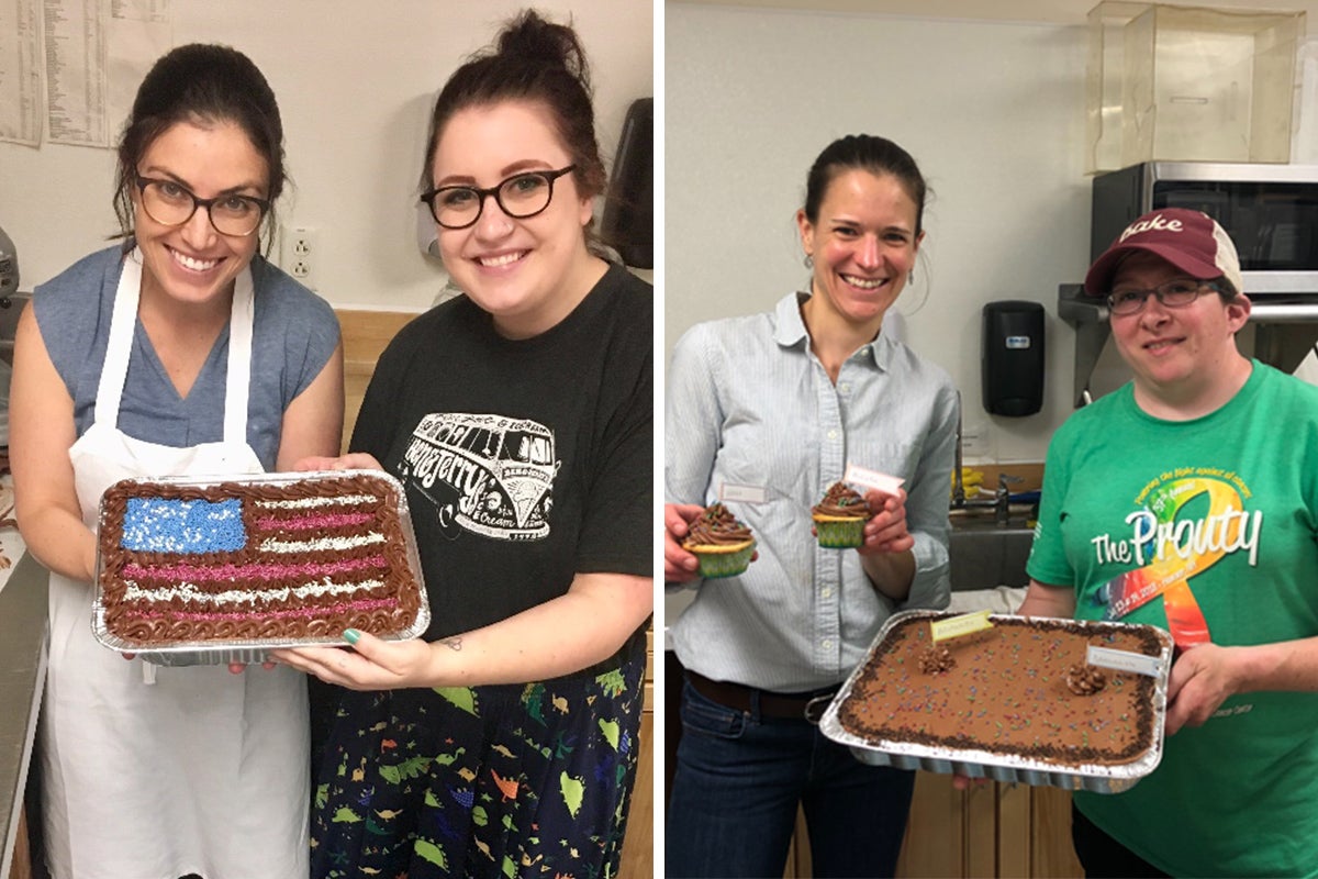 Two sets of bakers holding out chocolate sheet cakes they've made; one decorated with a flag, the other with sprinkles