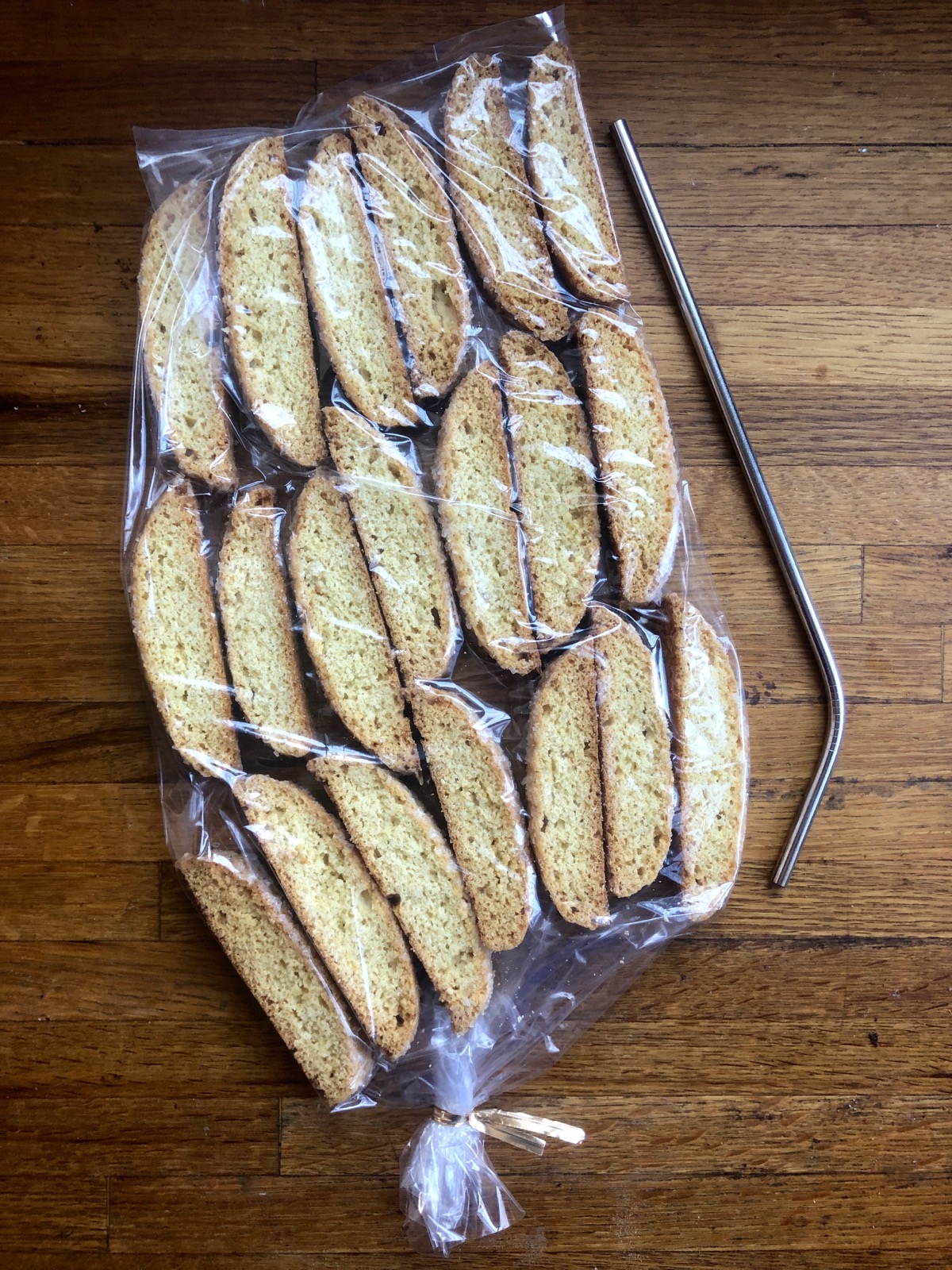 Vanilla biscotti in a bag with the air pushed out, for best freshness.