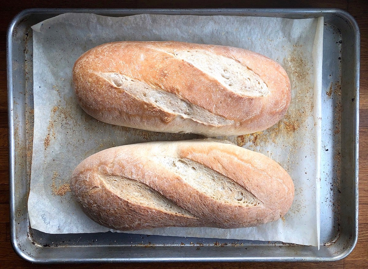 Two loaves of baked hearth bread on a pan, right out of the oven.