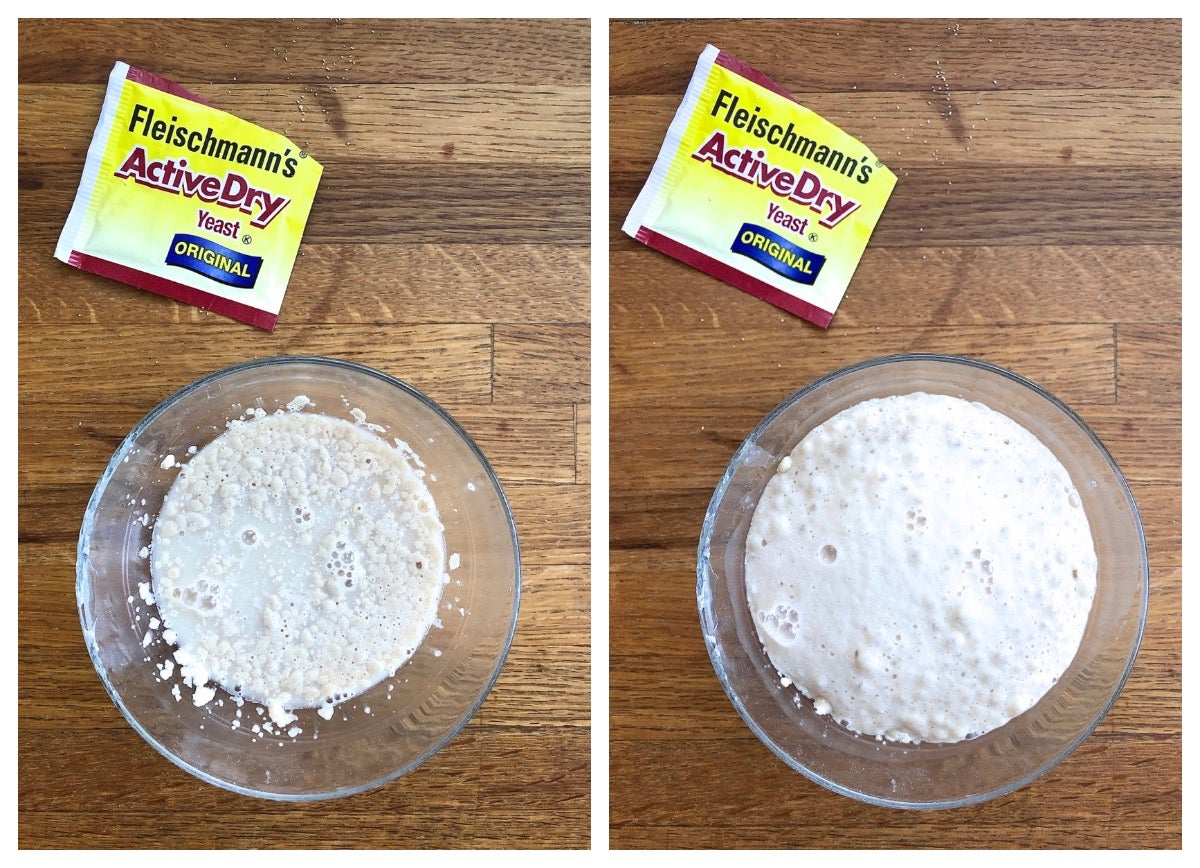 Two shots of a small bowl of yeast mixed with warm water and sugar; one immediately, one after 10 minutes showing bubbling