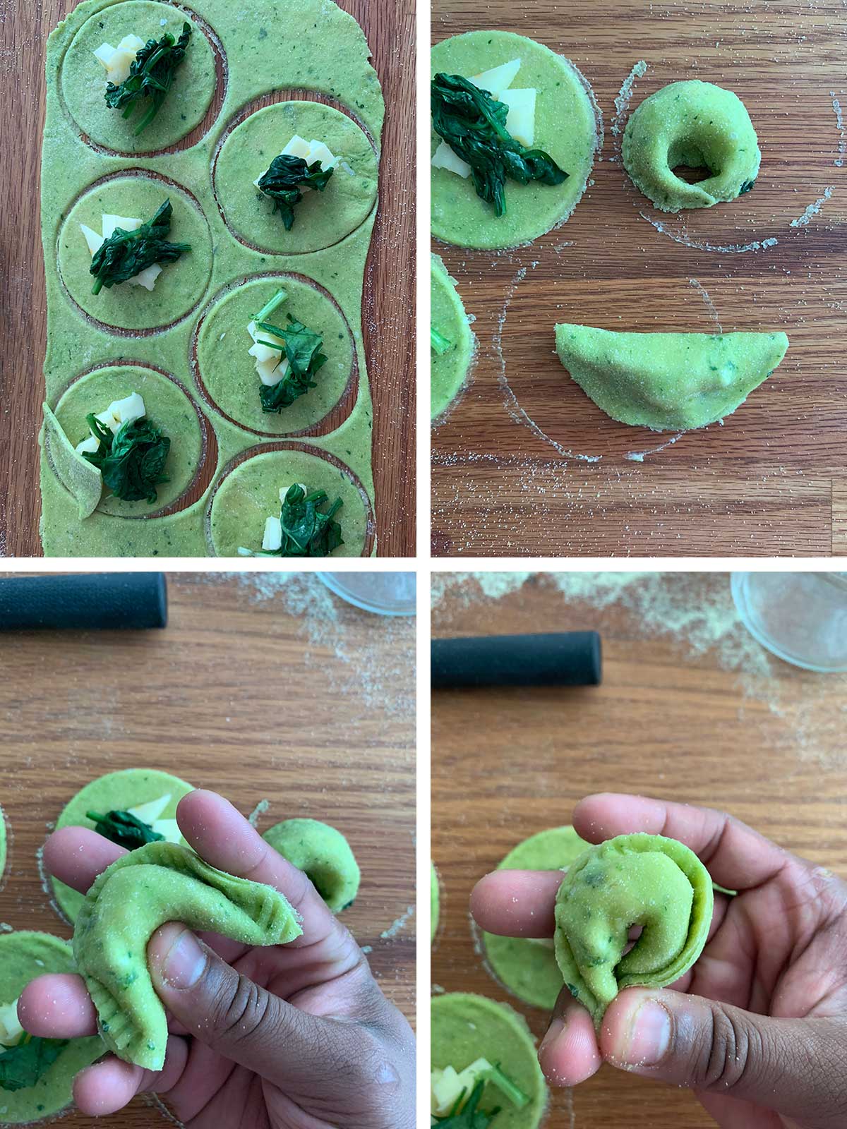 Collage showing tortelli being shaped