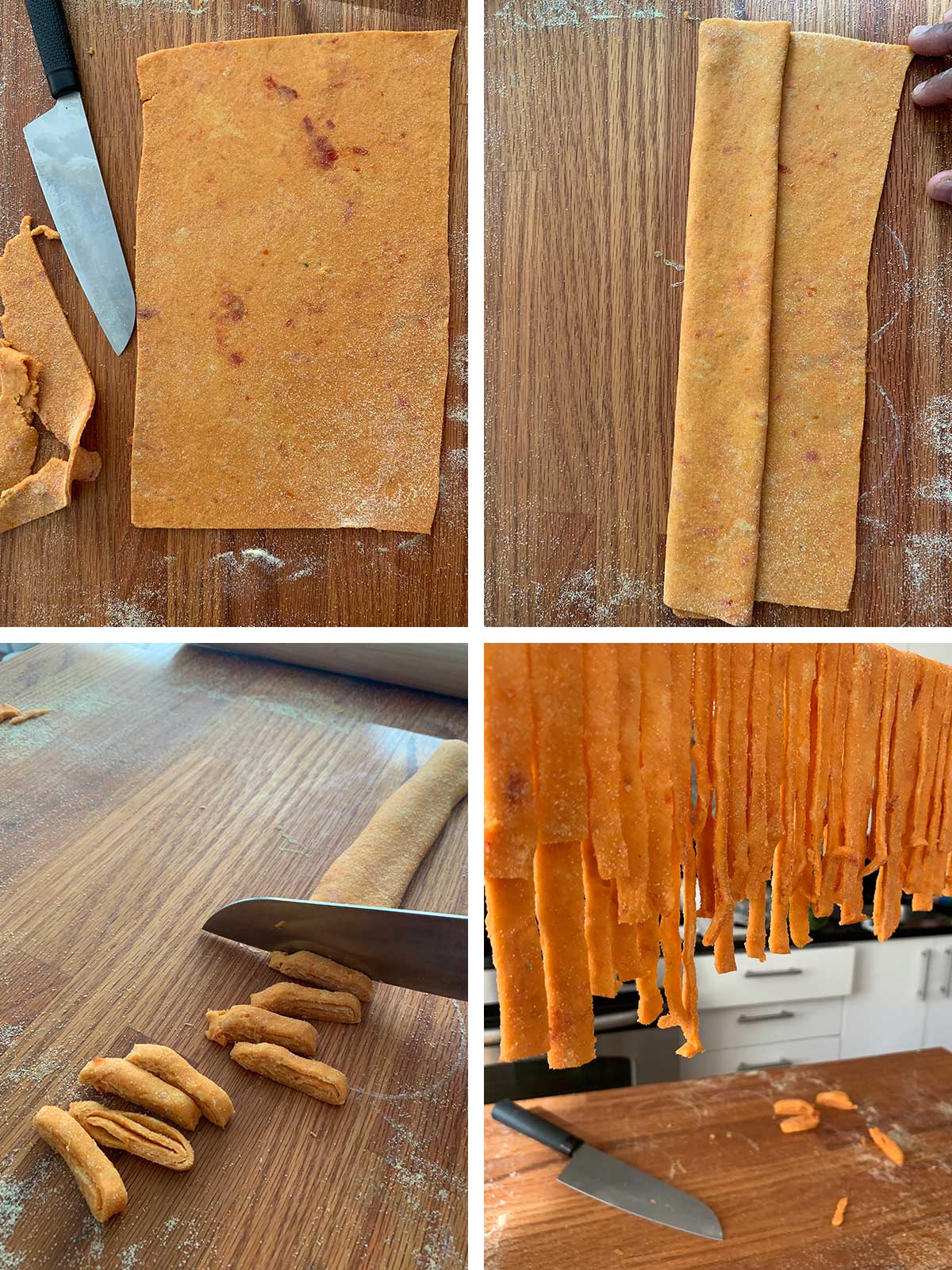 Collage showing pasta dough being cut