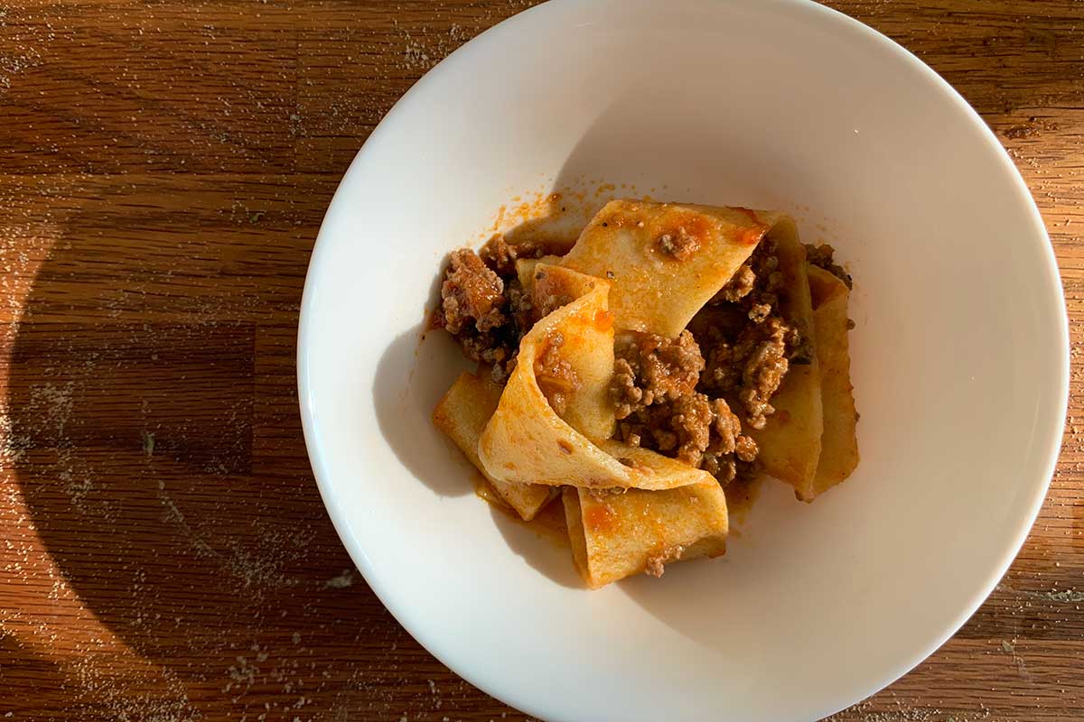 Cooked pasta in serving bowl