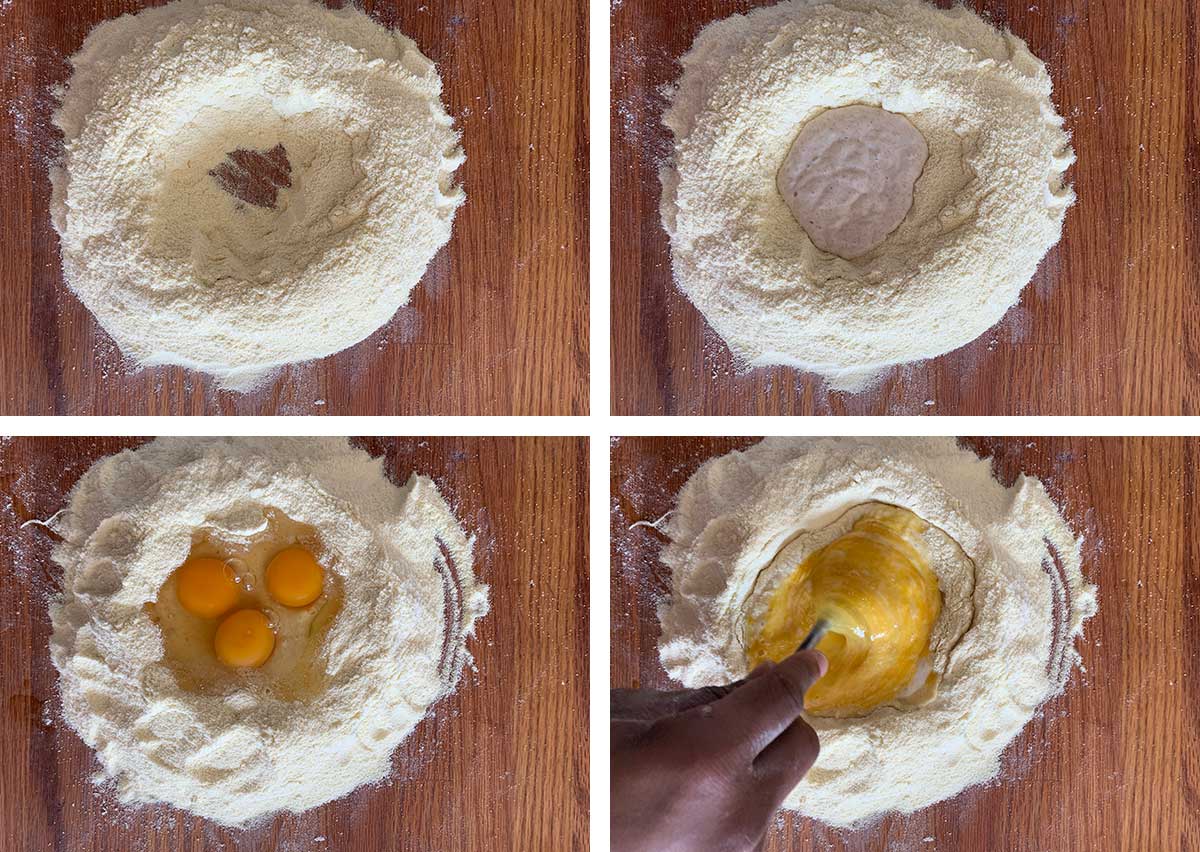 Collage showing pasta dough being prepared
