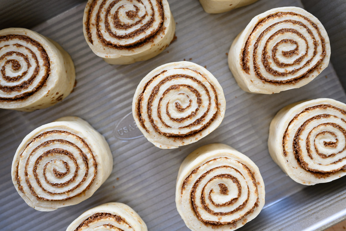 Sourdough cinnamon buns in pan for second rise.