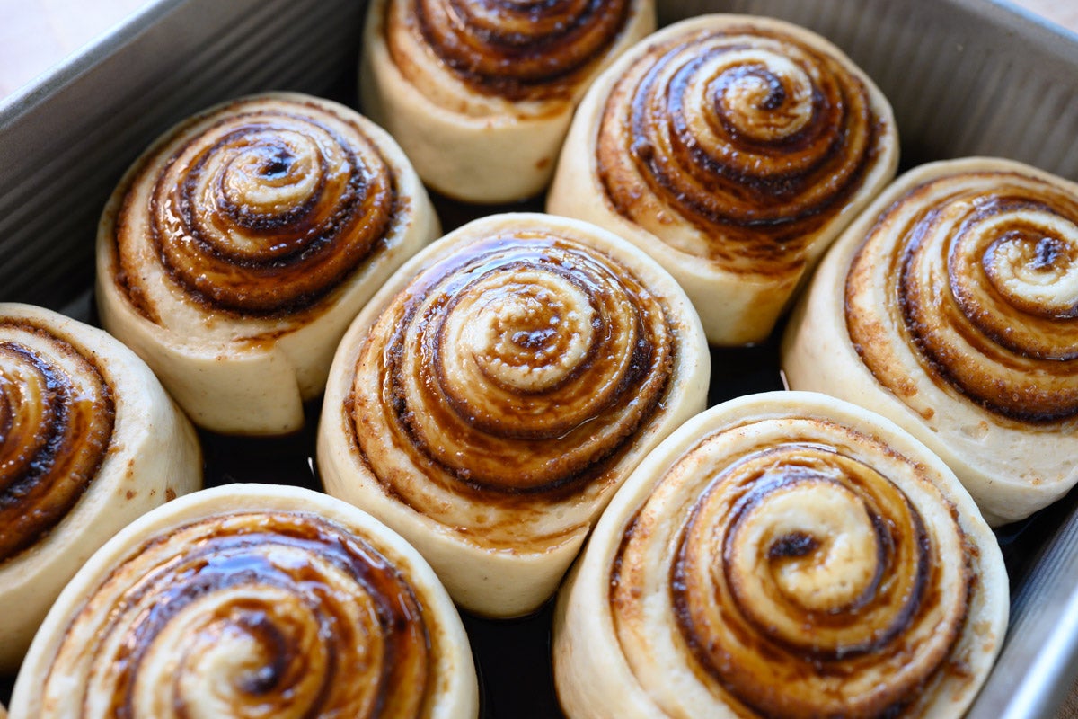 Sourdough cinnamon buns fully proofed.