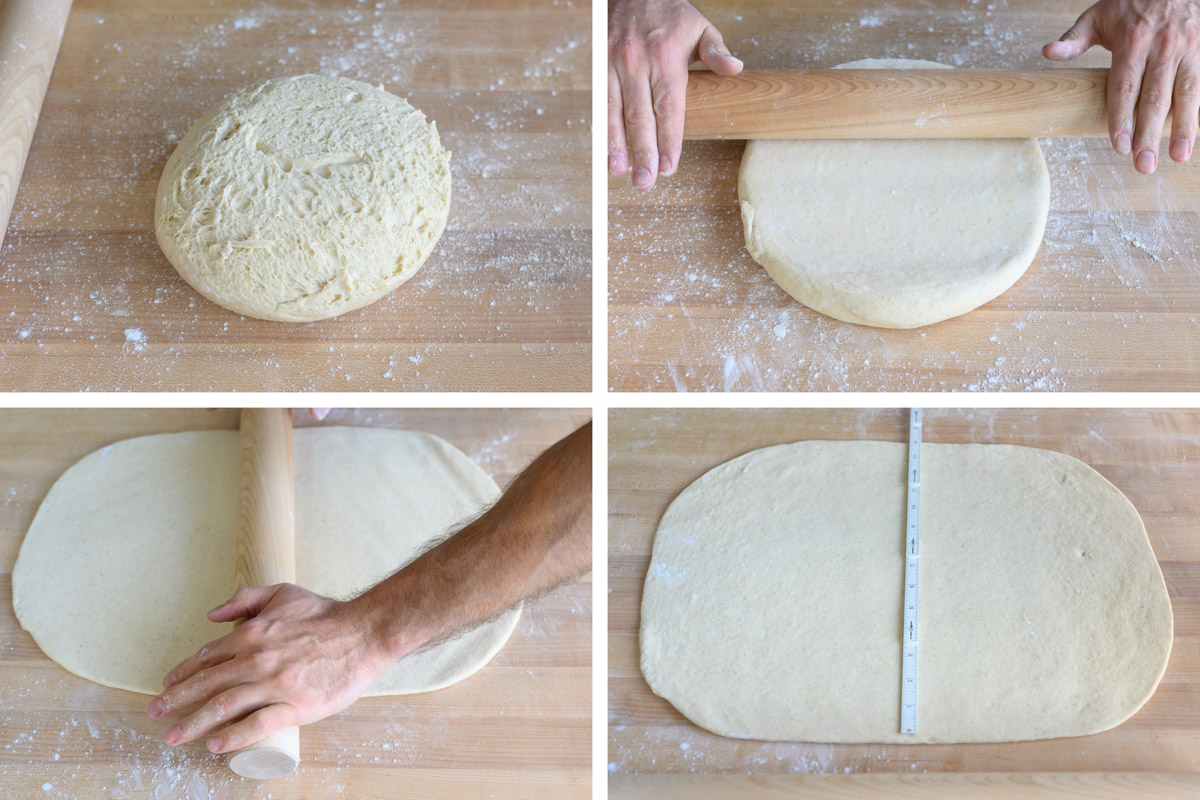 Rolling out sourdough cinnamon bun dough.