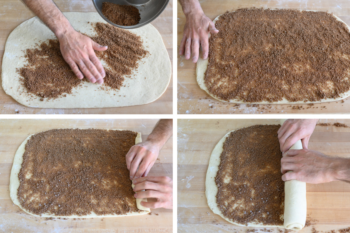 Spreading cinnamon sugar mixture over dough.