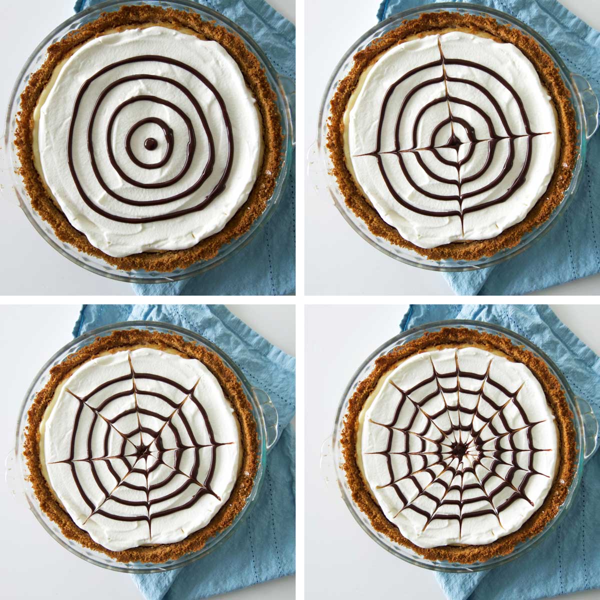 Four photos of cheesecake, each with additional lines drawn from toothpick