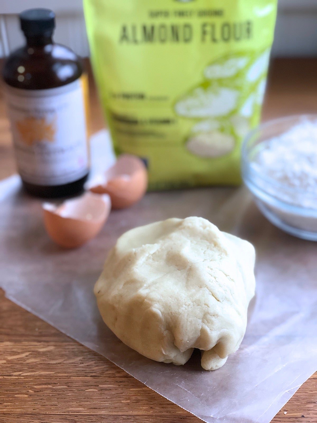 A ball of almond paste ready to be wrapped and refrigerated.