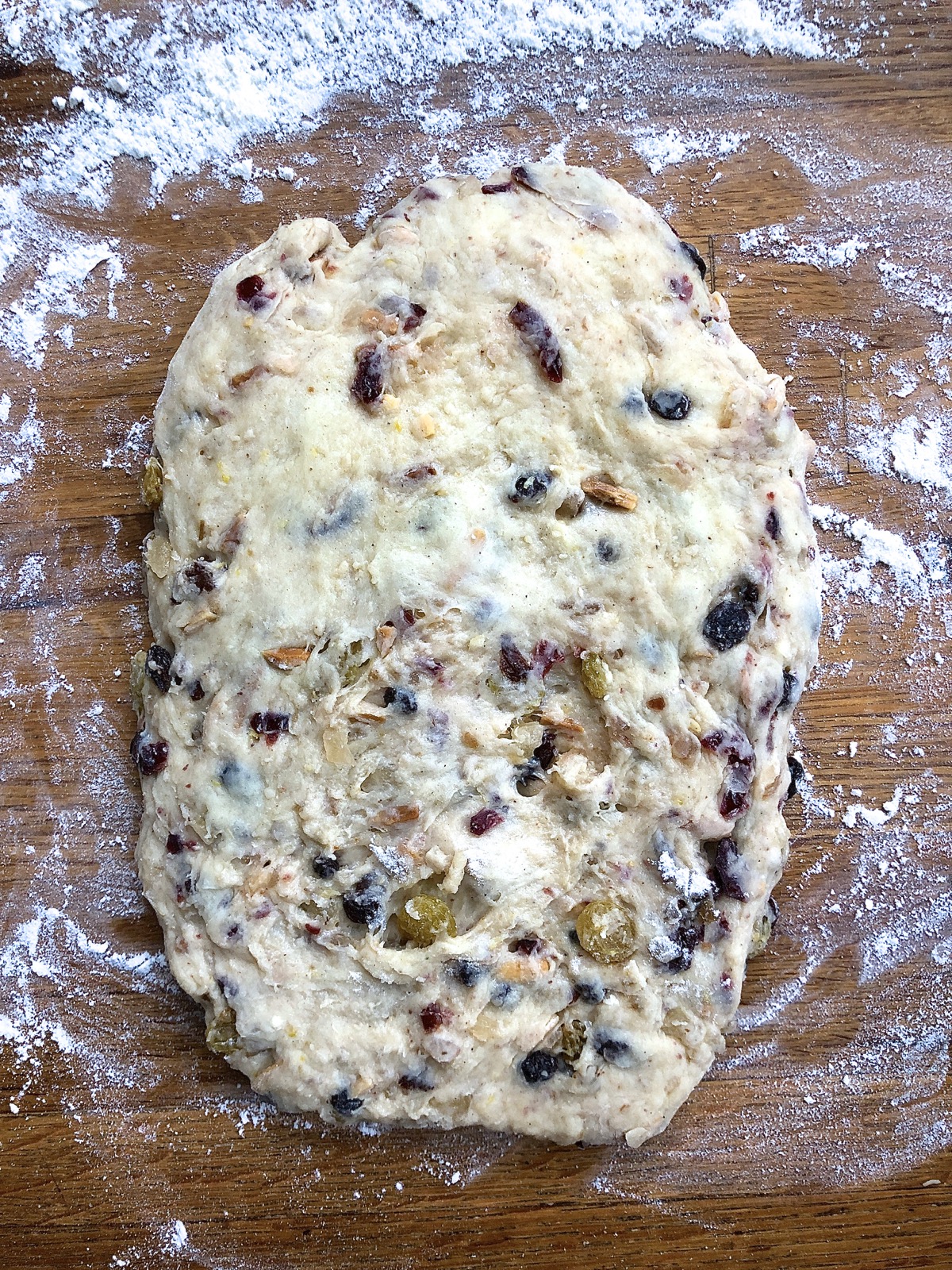 Stollen dough shaped into a flattened 8" x 6" oval.