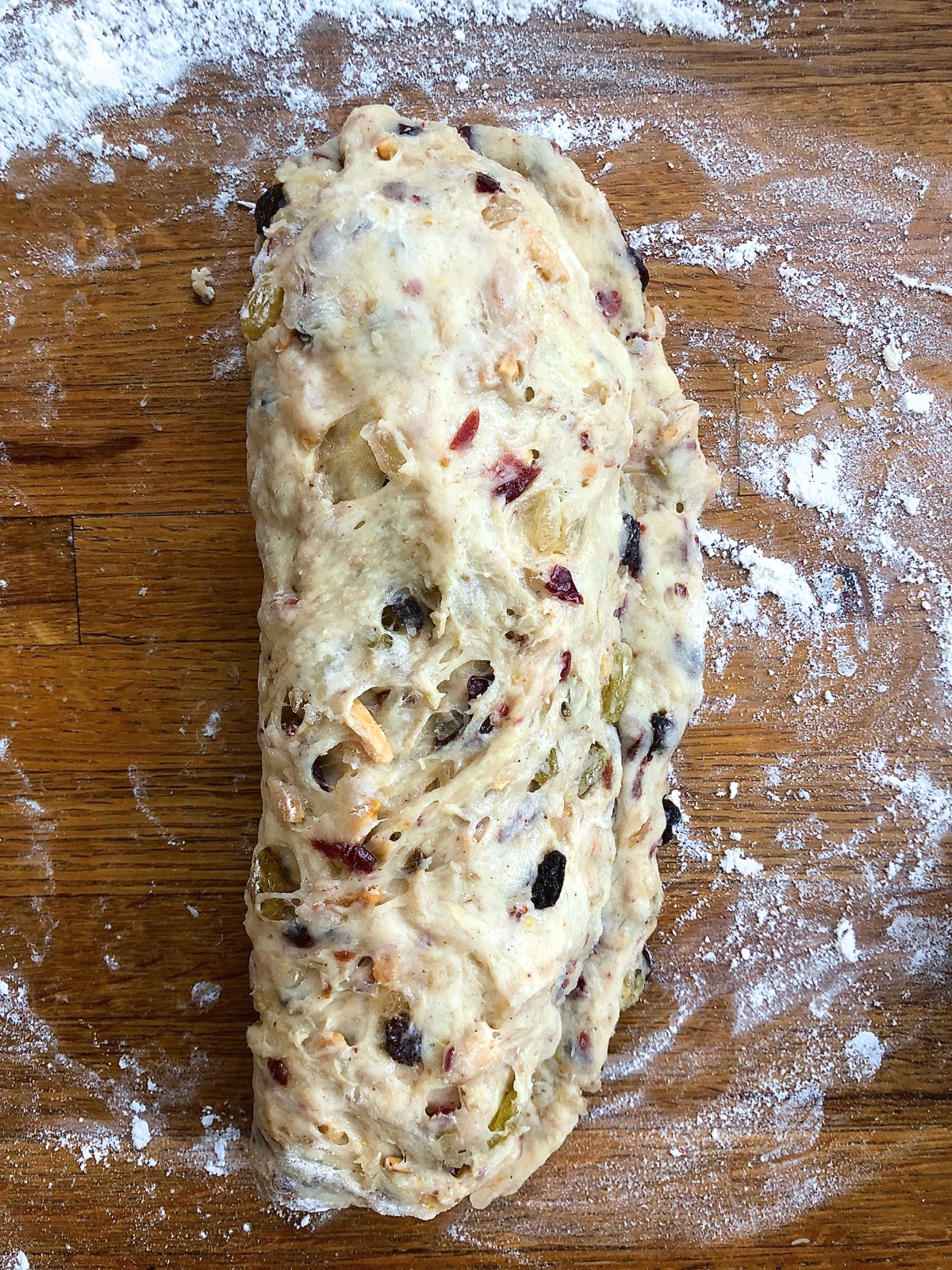 Shaped stollen ready to move to a baking sheet to rise.